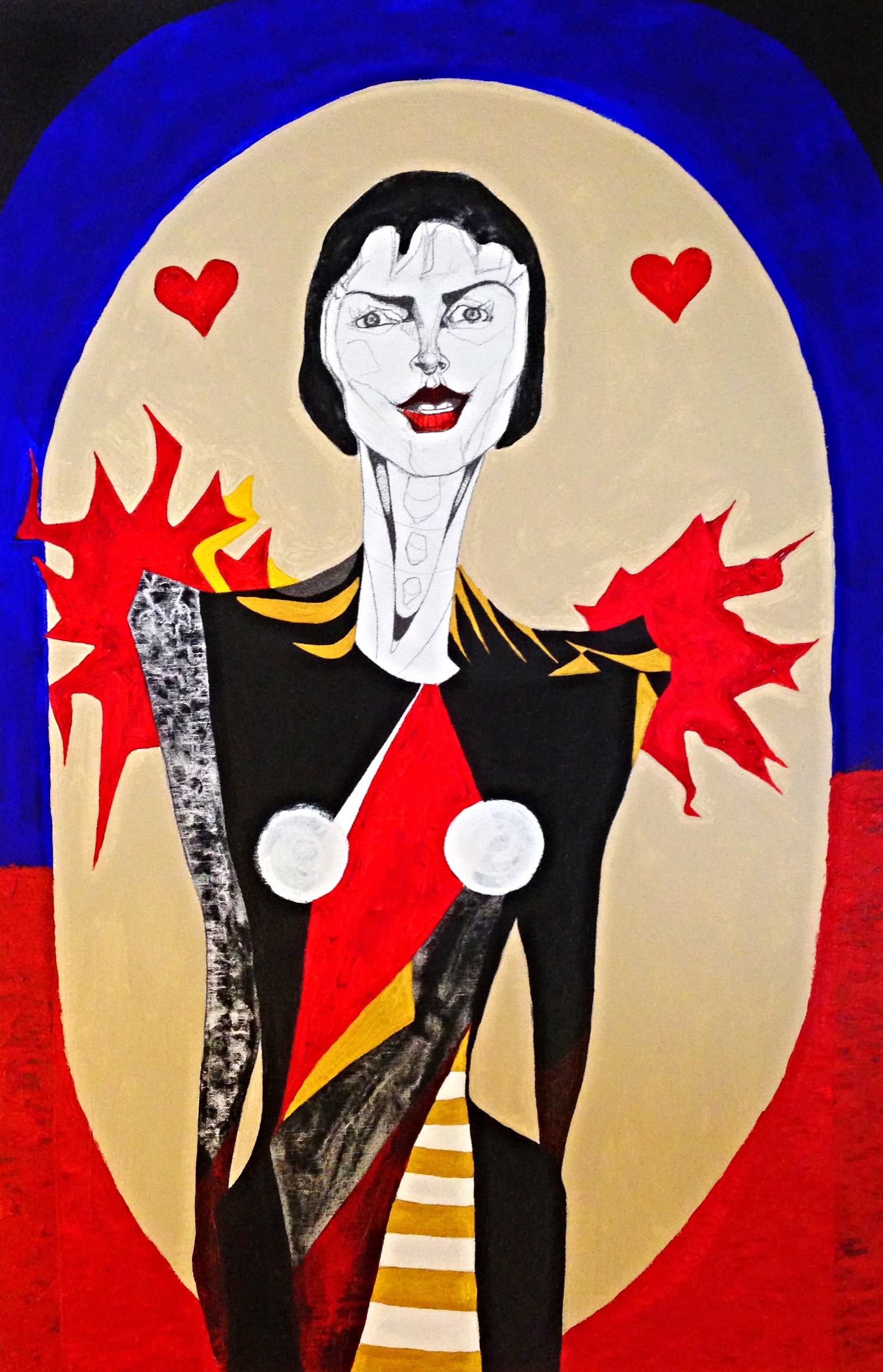 'Lady with white circles and love hearts' portrait commissioned for Sadie Frost, actress; acrylic and graphite on canvas board; 30in x 20in (2015)