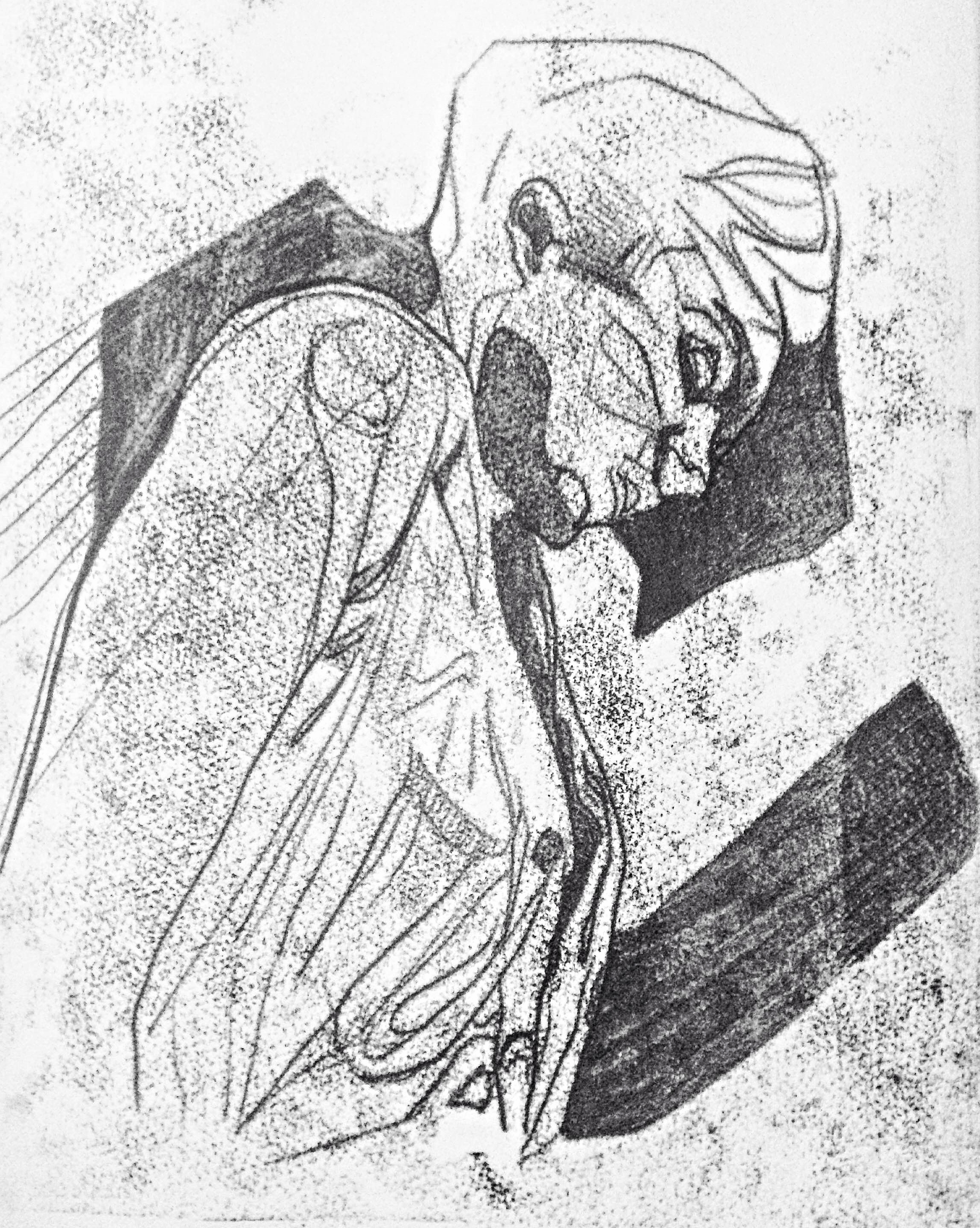Greek woman (2016); Monoprint on 250GSM Somerset white paper; relief ink