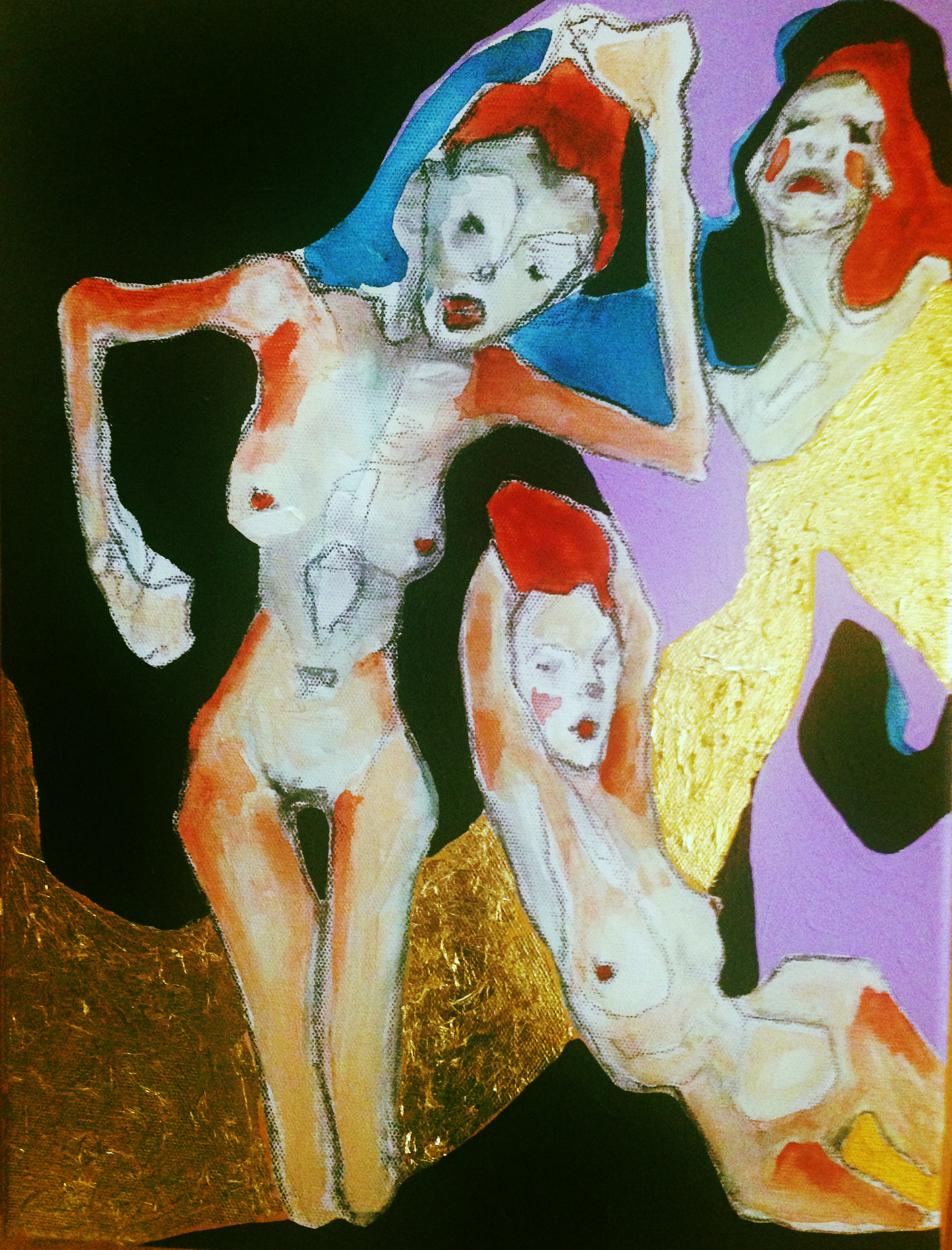 The sirens are calling for you Odesseus! (2016) Acrylic, Charcoal and gold leaf on stretch canvas
