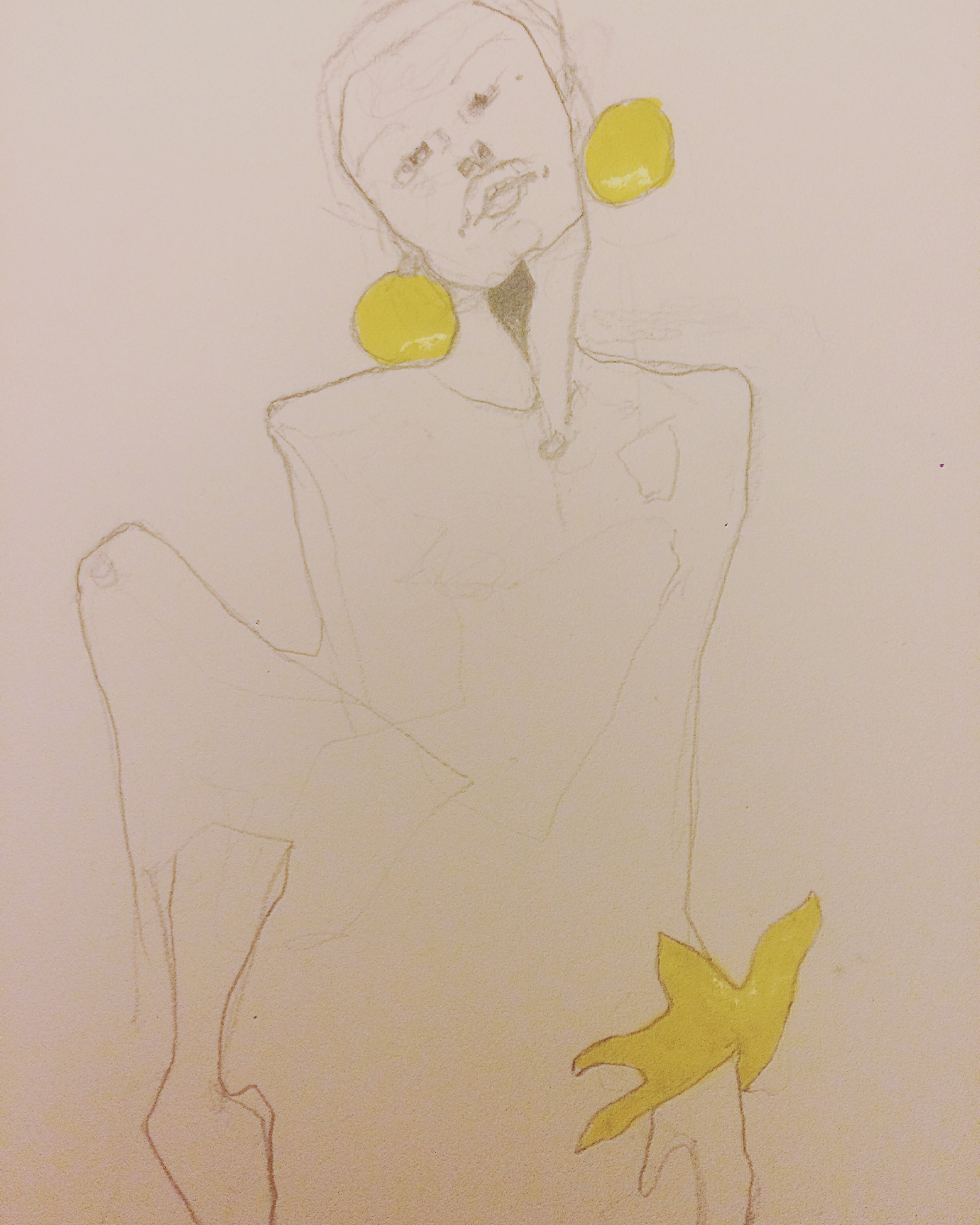 Dancer in yellow (2018), graphite & gouache on A4 cartridge paper