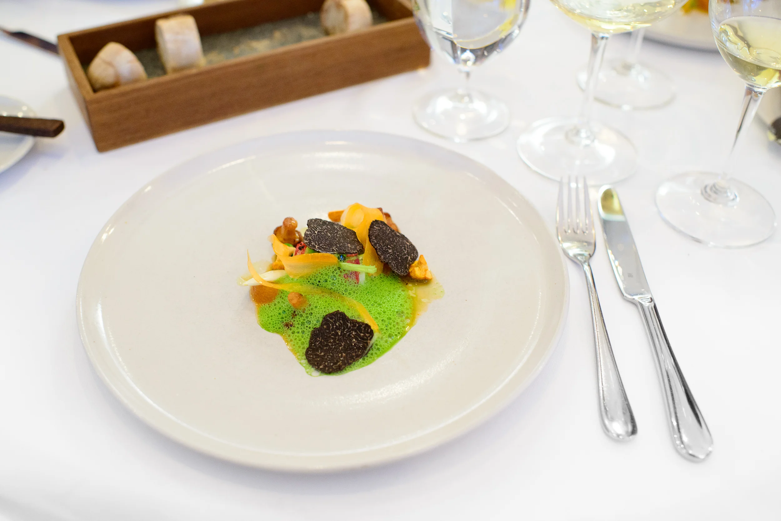 Blue lobster with yellow girolles, apricots, and winter truffles / Frantzén/Lindberg, Stockholm, Sweden
