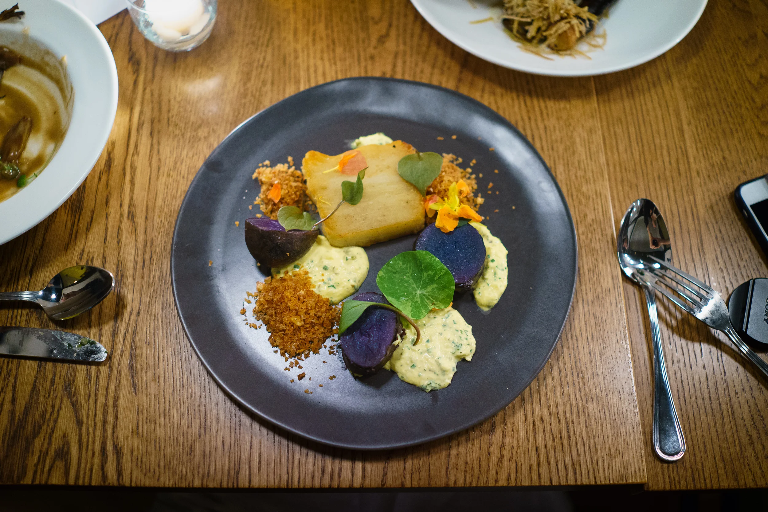 Layered potatoes, turnips, mustard greens, gribiche