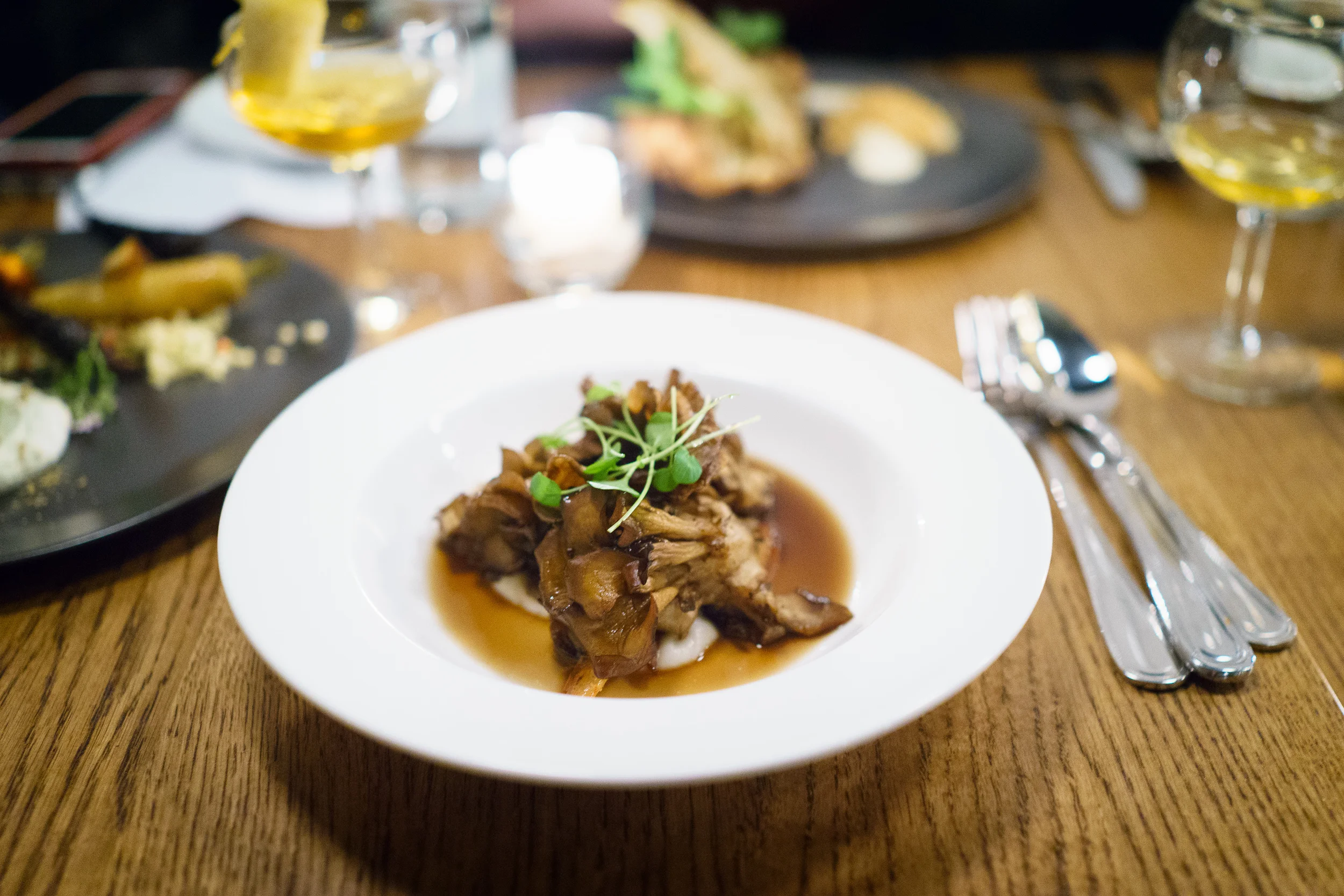 Maitake, salsify, watercress, mushroom dashi