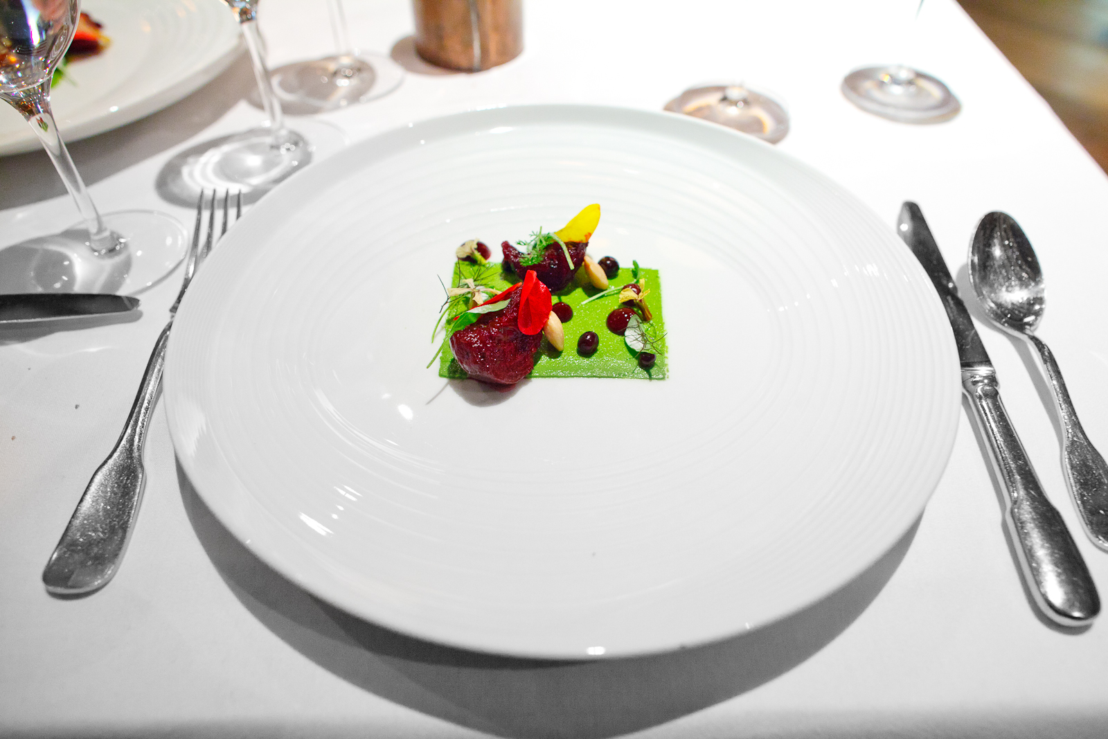 McCrady's, Charleston - Beets cooked over the embers, arugula puree, huckleberries and rose