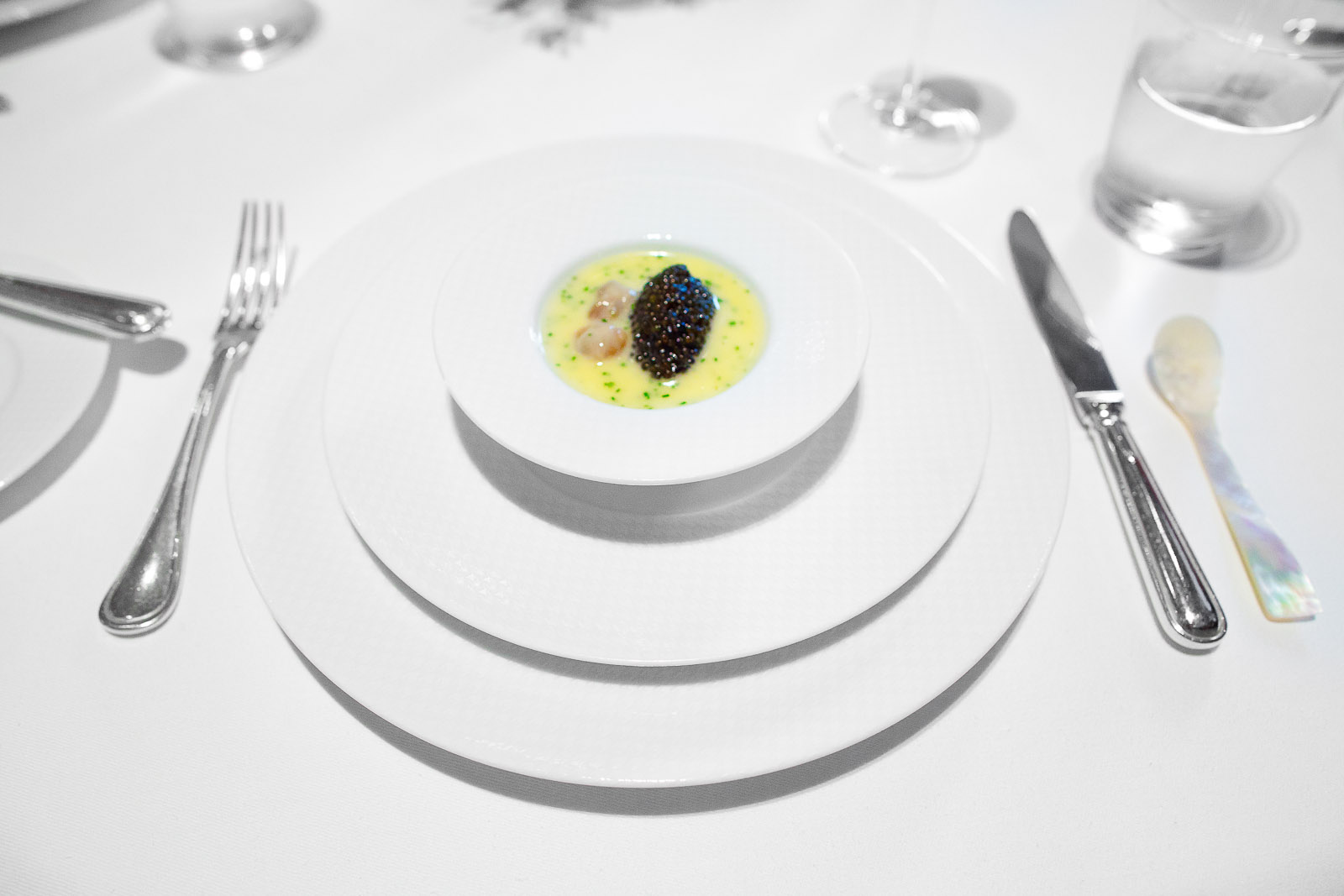 1st Course - Oysters and pearls, sabayon of pearl tapioca with Island Creek oysters and white sturgeon caviar