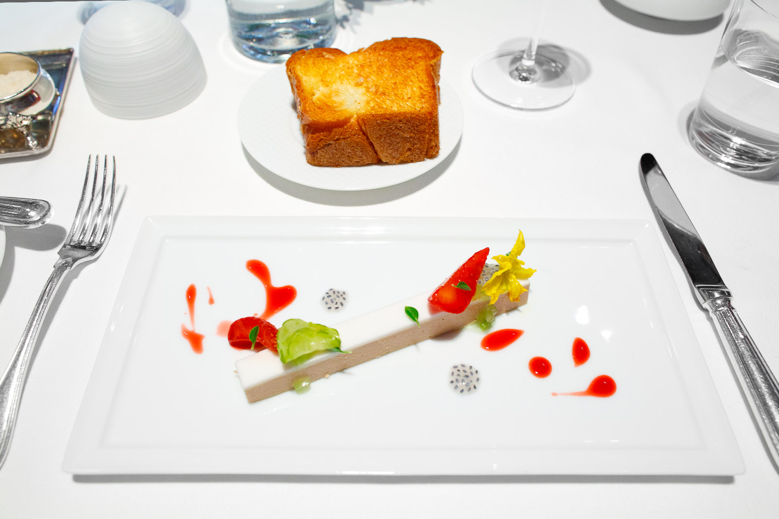 3rd Course - Moulard Duck Foie Gras "En Terrine," French Laundry Garden Strawberries, Cucumber, Young Coconut and Greek Basil