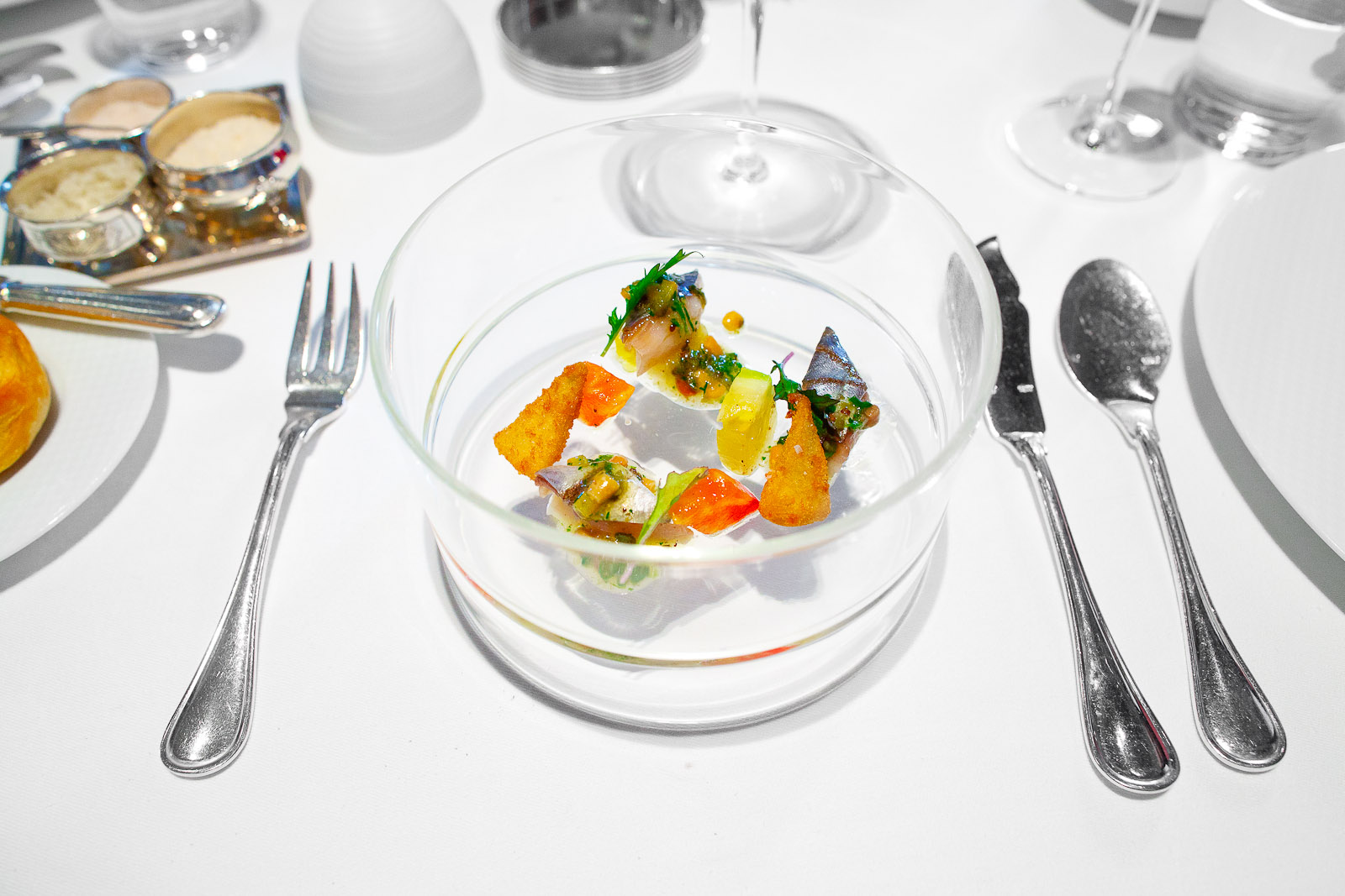 4th Course - Spanish Mackerel "En Escabèche," Heirloom Tomatoes, Crispy Artichokes, Mizuna and Pine Nut Vinaigrette