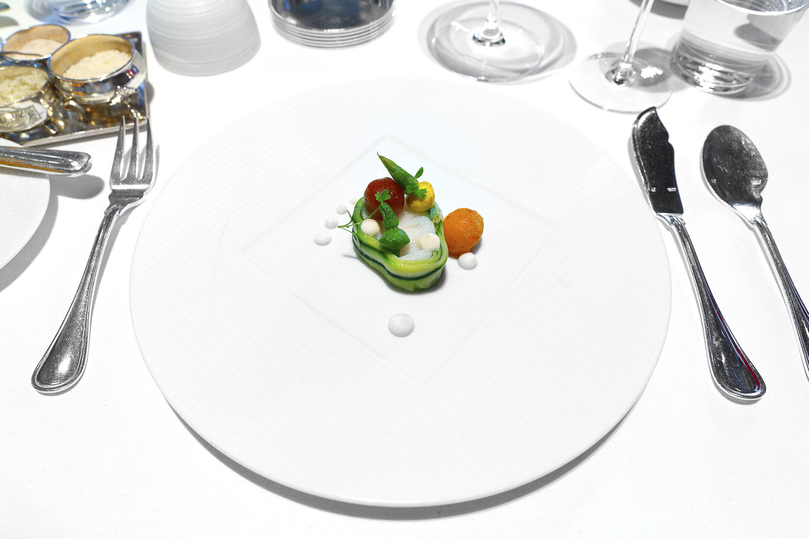  4th Course - Atlantic Cod "Confit à la Minute," Summer Squash, Toybox Tomatoes, Parsley and Sweet Garlic Cream