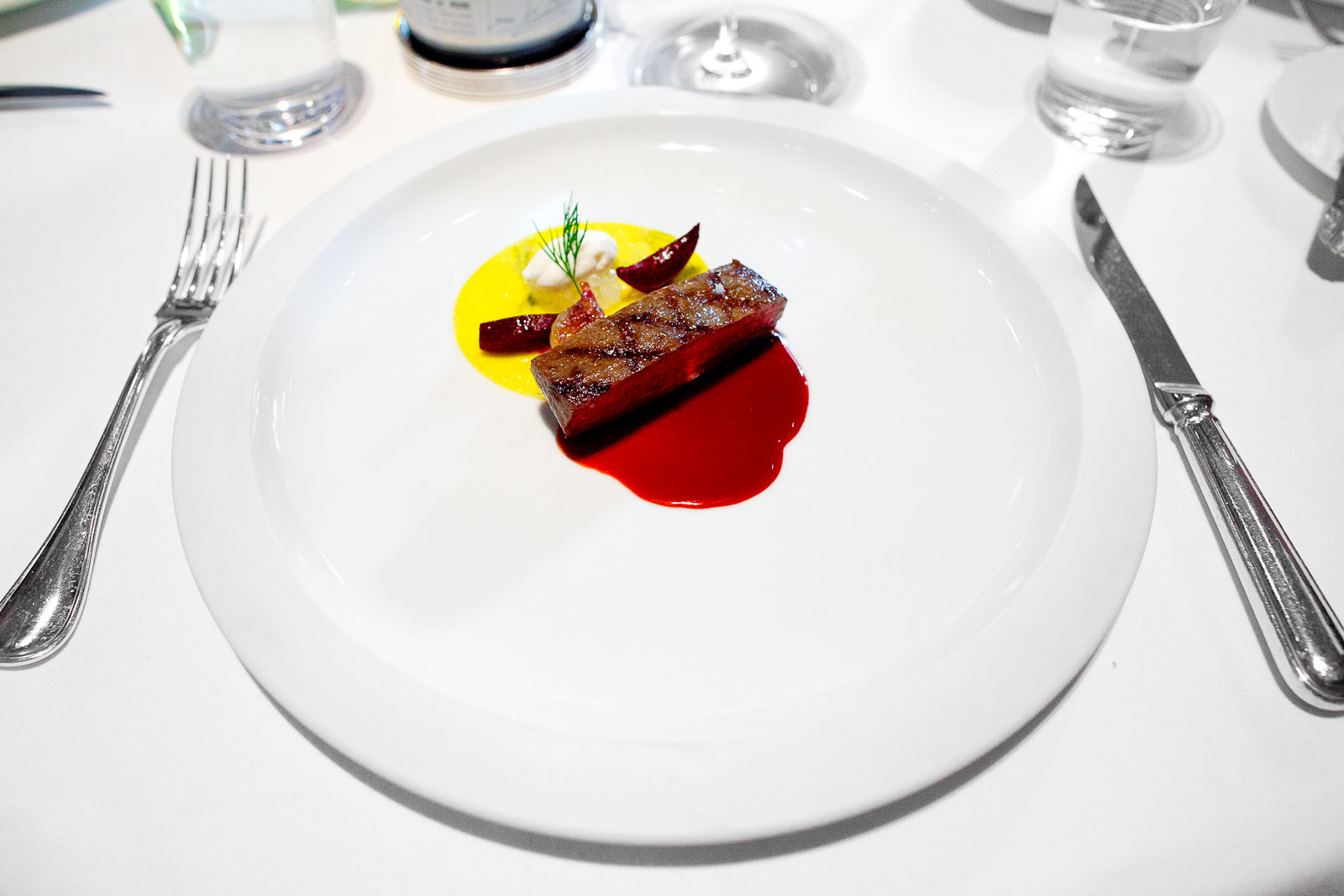 7th Course - Snake River Farms "Calotte de Bœuf Grillée," Dill Pasta, Red Beets, Horseradish Mousse, Roasted Shallot and "Sauce Borscht"