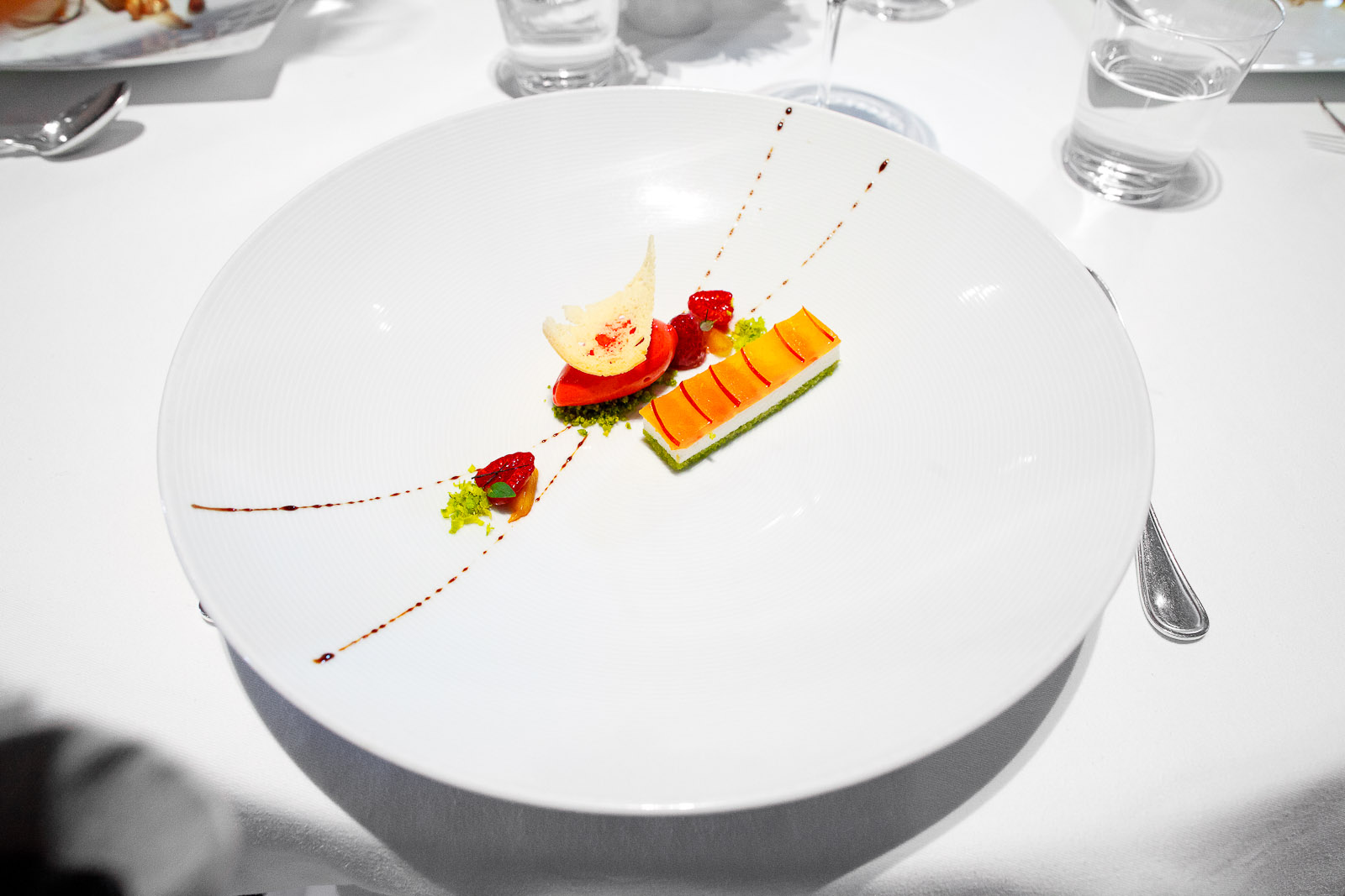 10th Course - "Nectarine Melba," Sicilian Pistachio "Pain de Gênes," Andante Dairy Yogurt, "Biscotti," and Raspberry Sorbet
