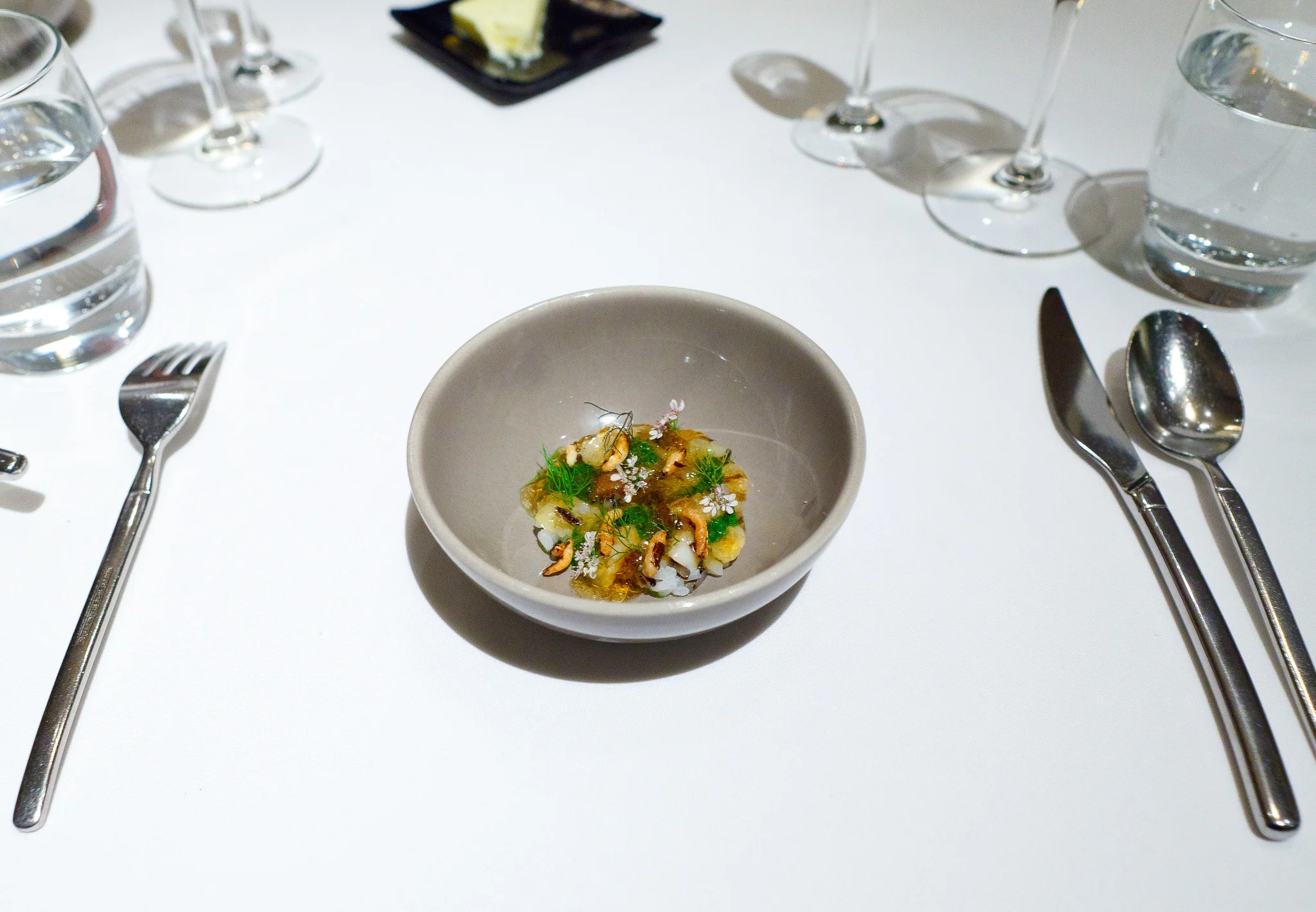 8th Course - Razor clams with wild rice, chrysanthemum and roast chicken gelée, fennel fronds