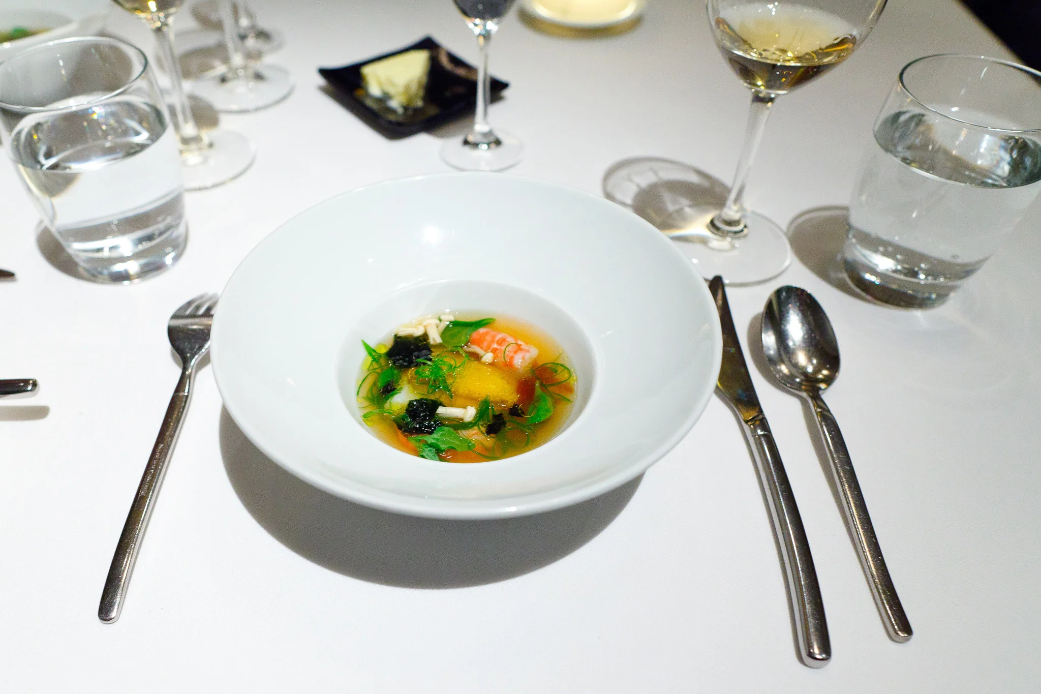 9th Course - "A Summer Tidal Pool" - Monterrey bay abalone, sea urchin, foie gras, local spot prawns, hinoki mushroom in a dashi broth
