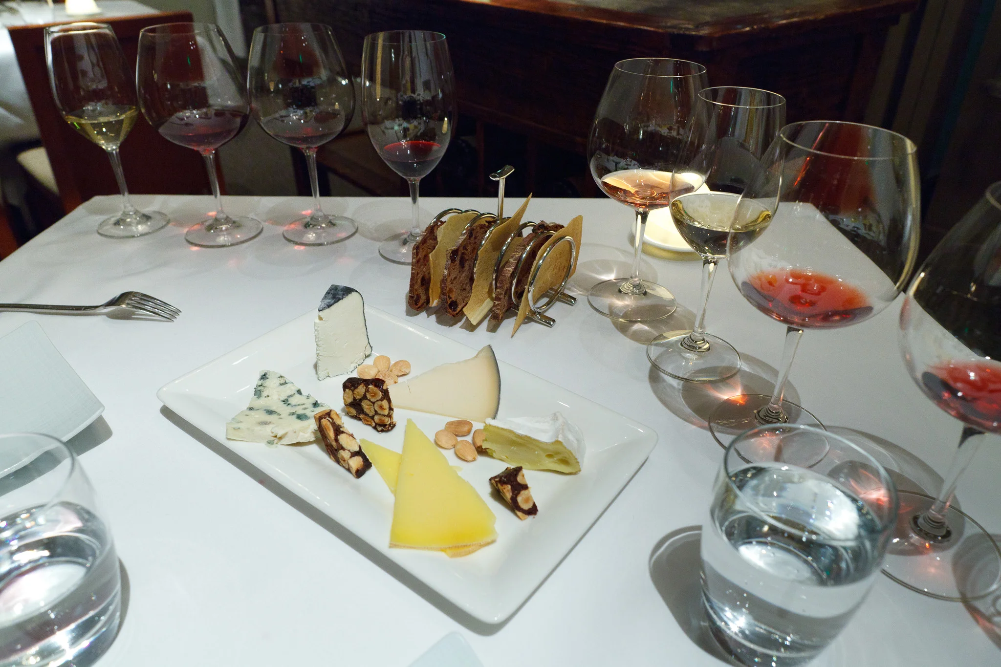 Cheese course - Roquefort, Chevrière cendre (concord grape ash), Gouda-style Midnight moon, Cow's milk Pleasant ridge reserve, Bent River
