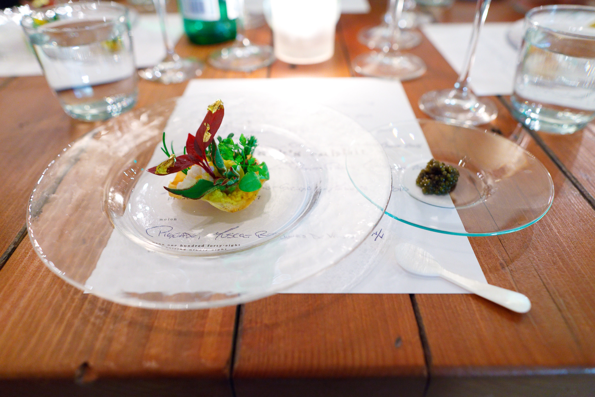 1st Course, wild reserve caviar lightly smoked over embers in the hearth