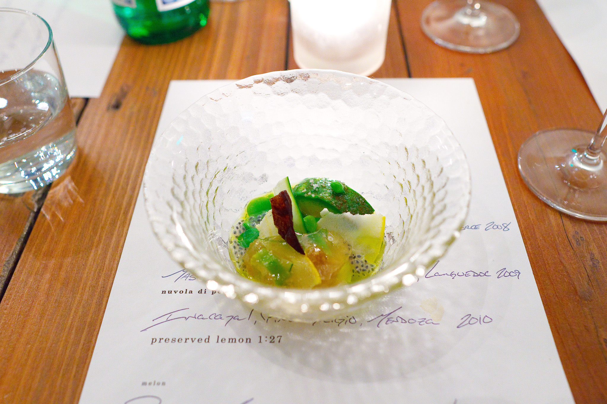 3rd Course, Vegetable aspic - Fava beans, peas, zucchini & squash, eggplant roasted over the fire & a crispy chip of the skin, avocado, All bound with gelée of tomato consommé