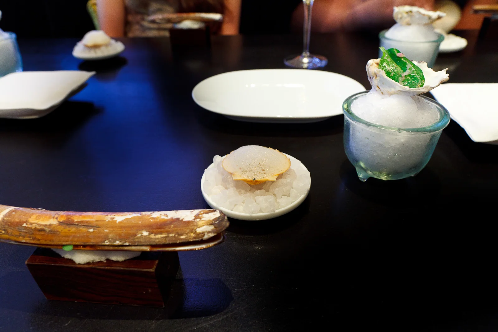 Oyster leaf mignonette; scallop, hitachino, weizen, old bay; razor clam, carrot, soy, daikon