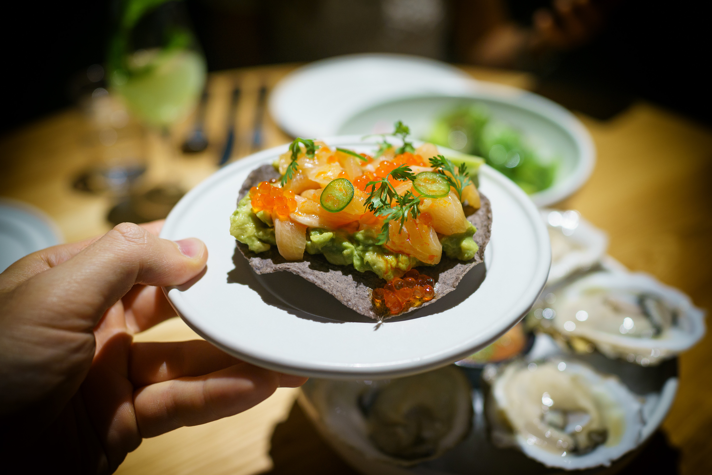 Arctic char tostada, trout roe, avocado ($15)