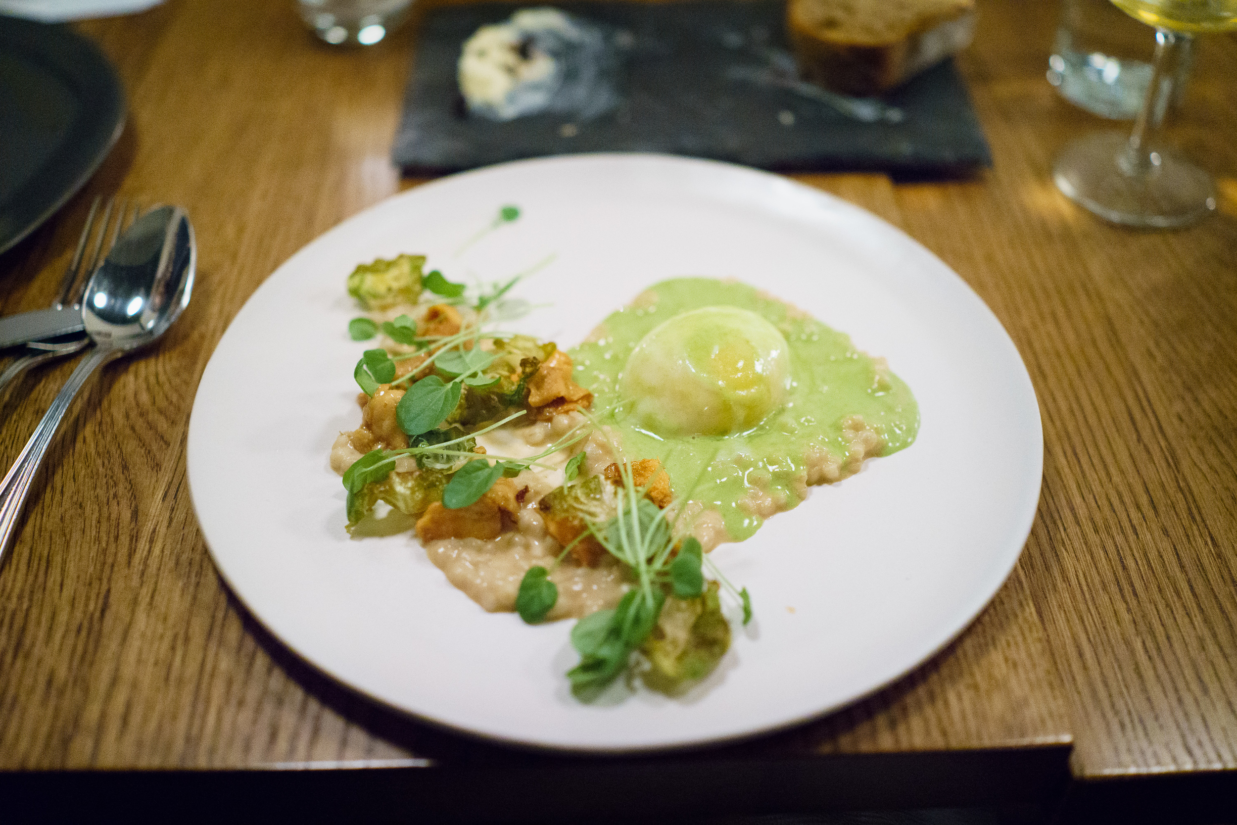 Duck egg, barley, hedgehog mushroom, brussels sprouts, sorrel