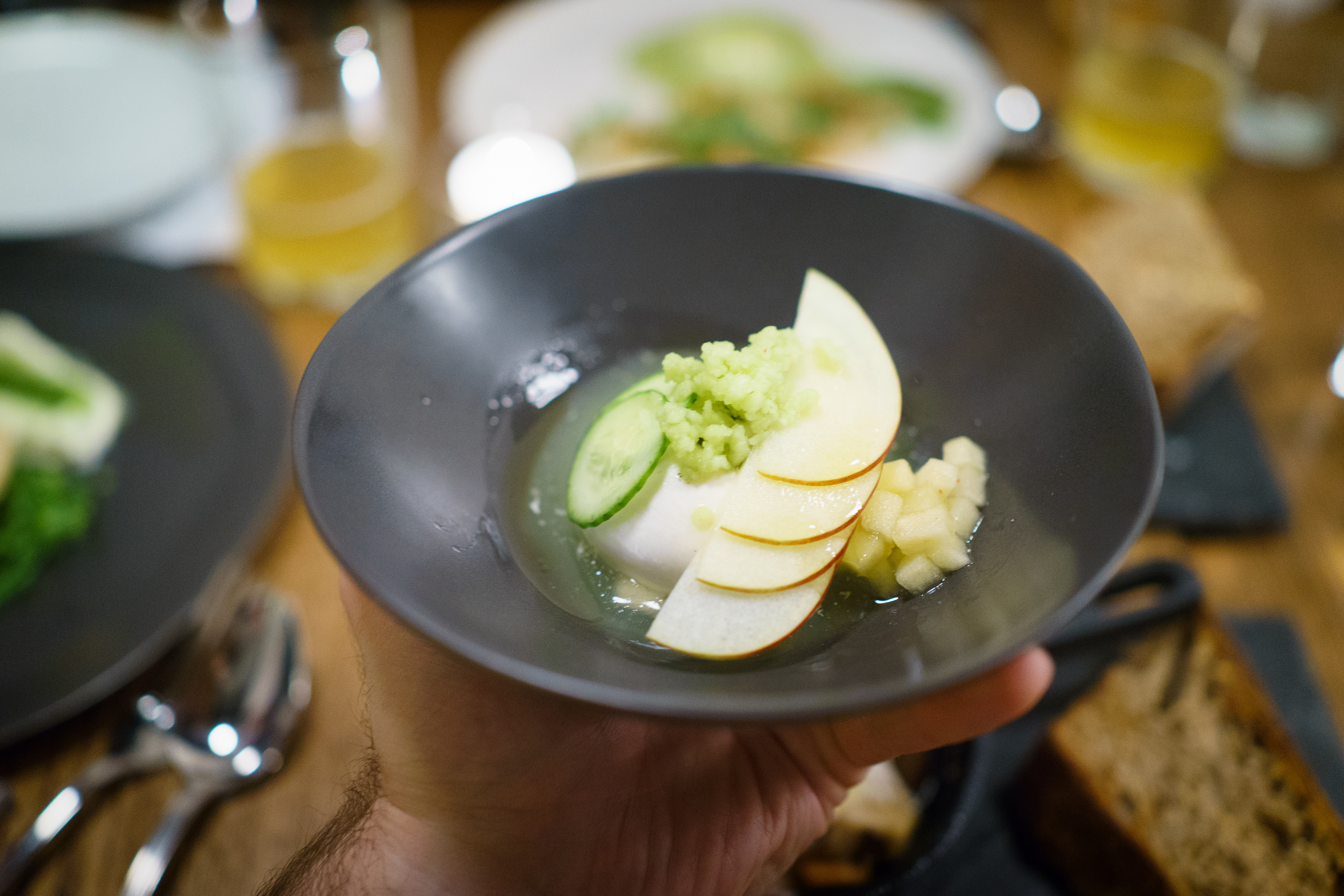 Burrata, winesap apple water, cucumber, lemon oil