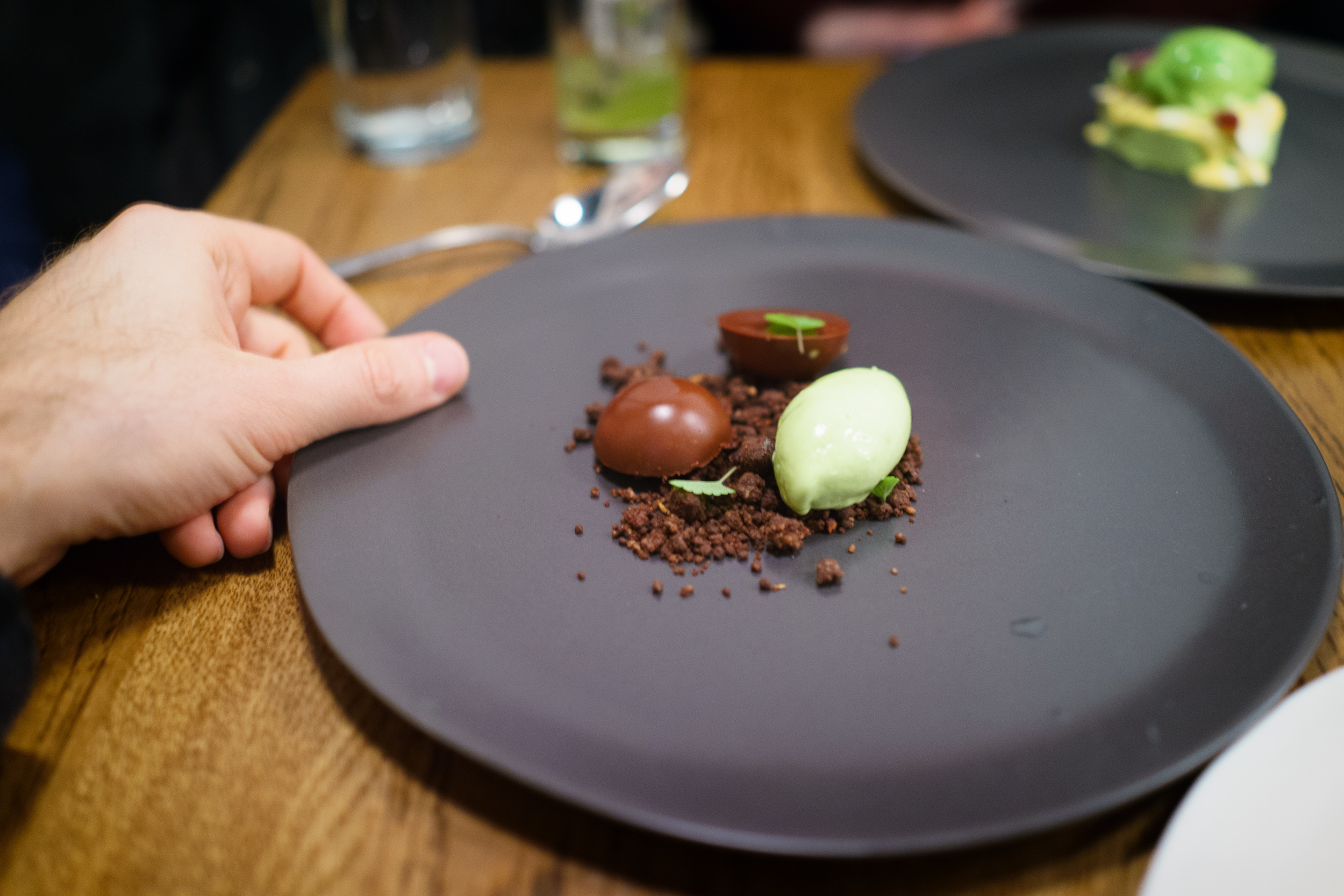 Chocolate ganache, pine nut, anise hyssop