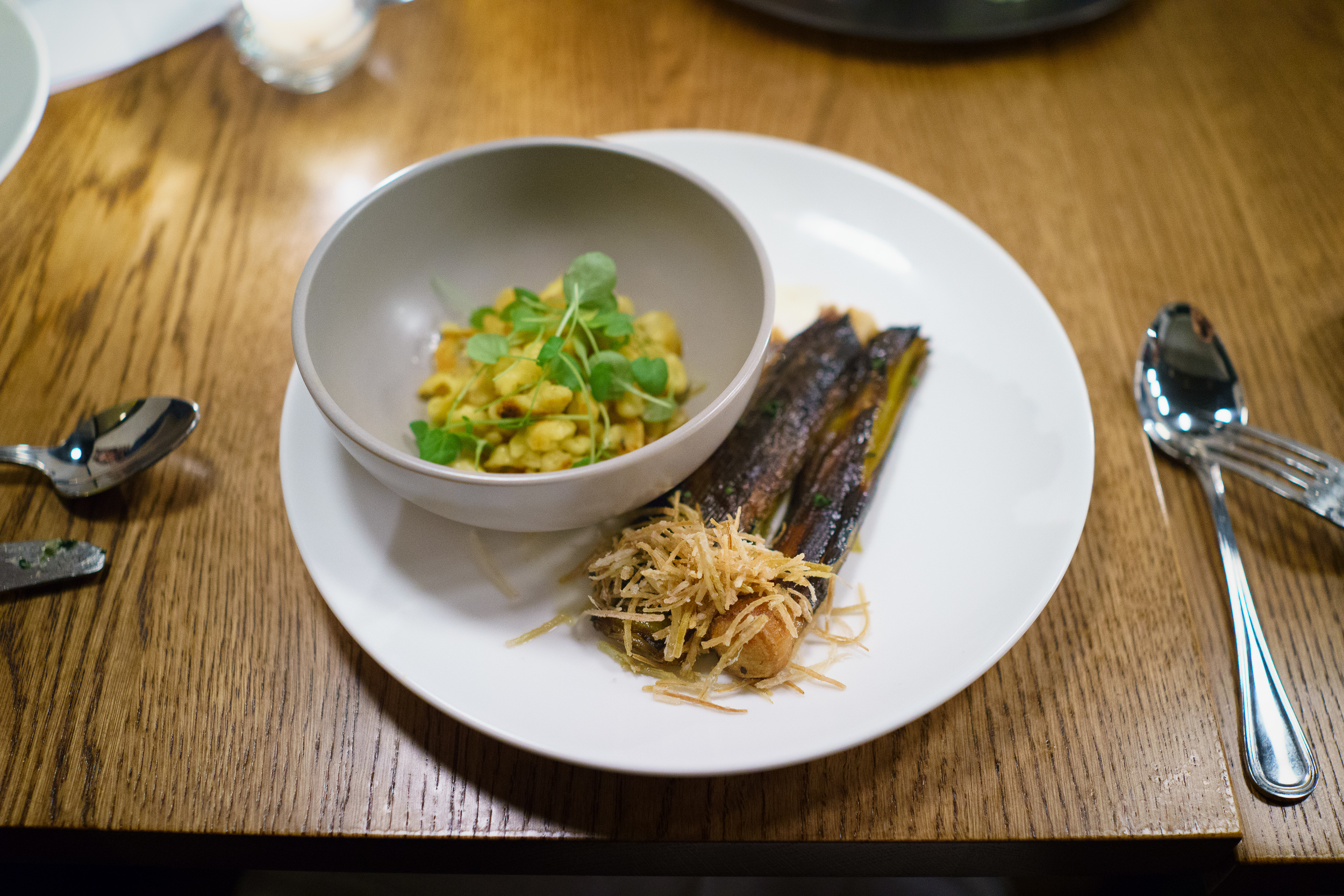 Leeks, spaetzle, green garlic, truffle butter