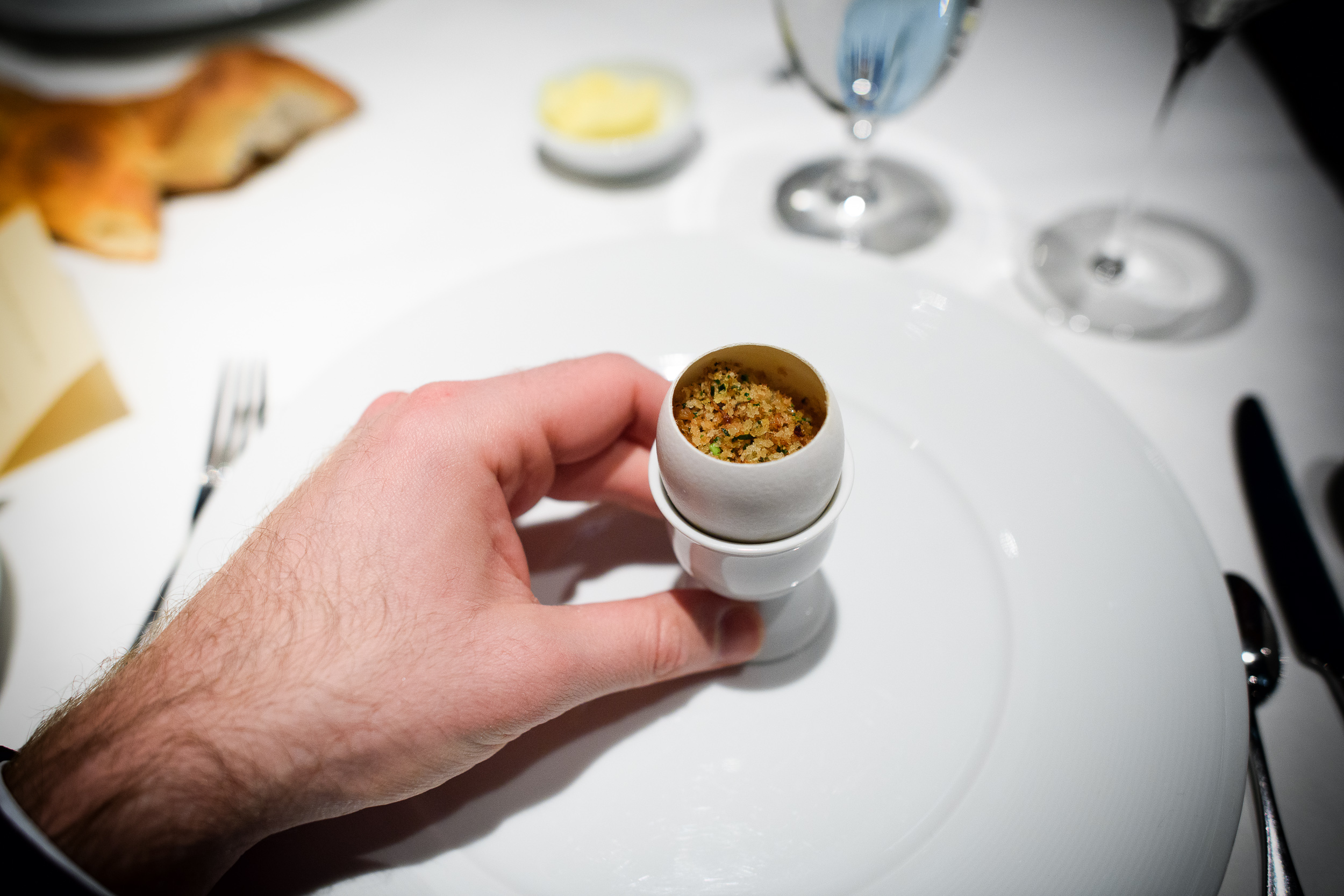 1st Course: Oeuf à la Beran, chicken custard with crispy chicke