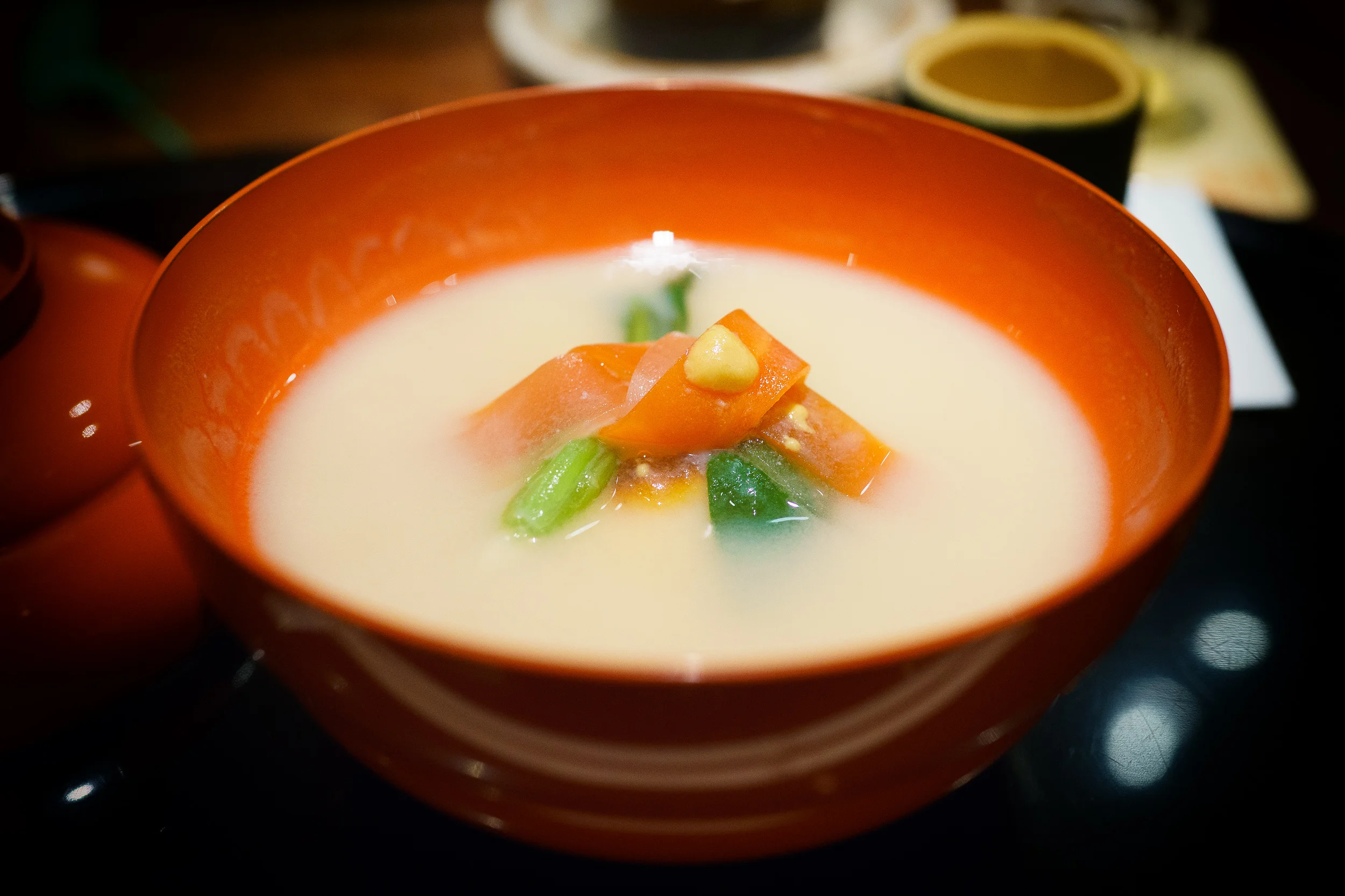 5th Course: White miso soup with mochi, Japanese radish, and car