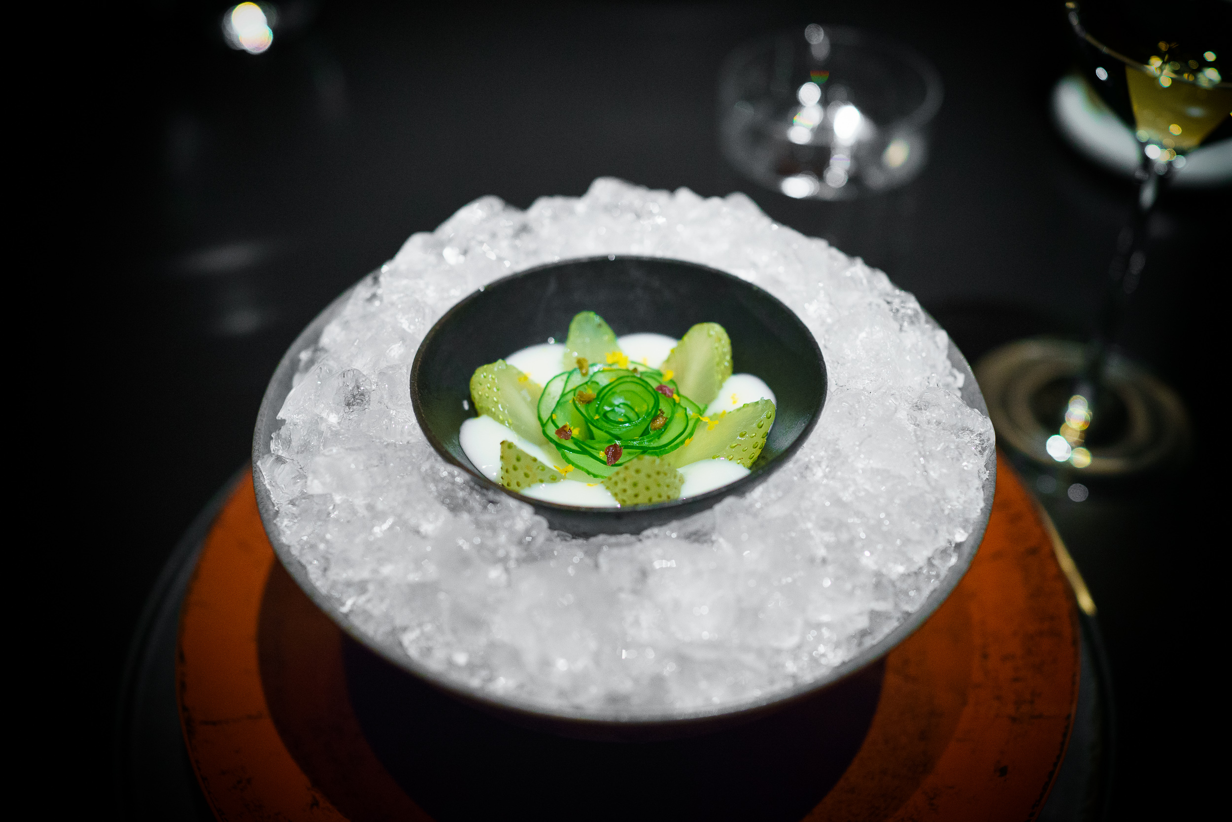 1st Course: Unripe strawberries and sake lees