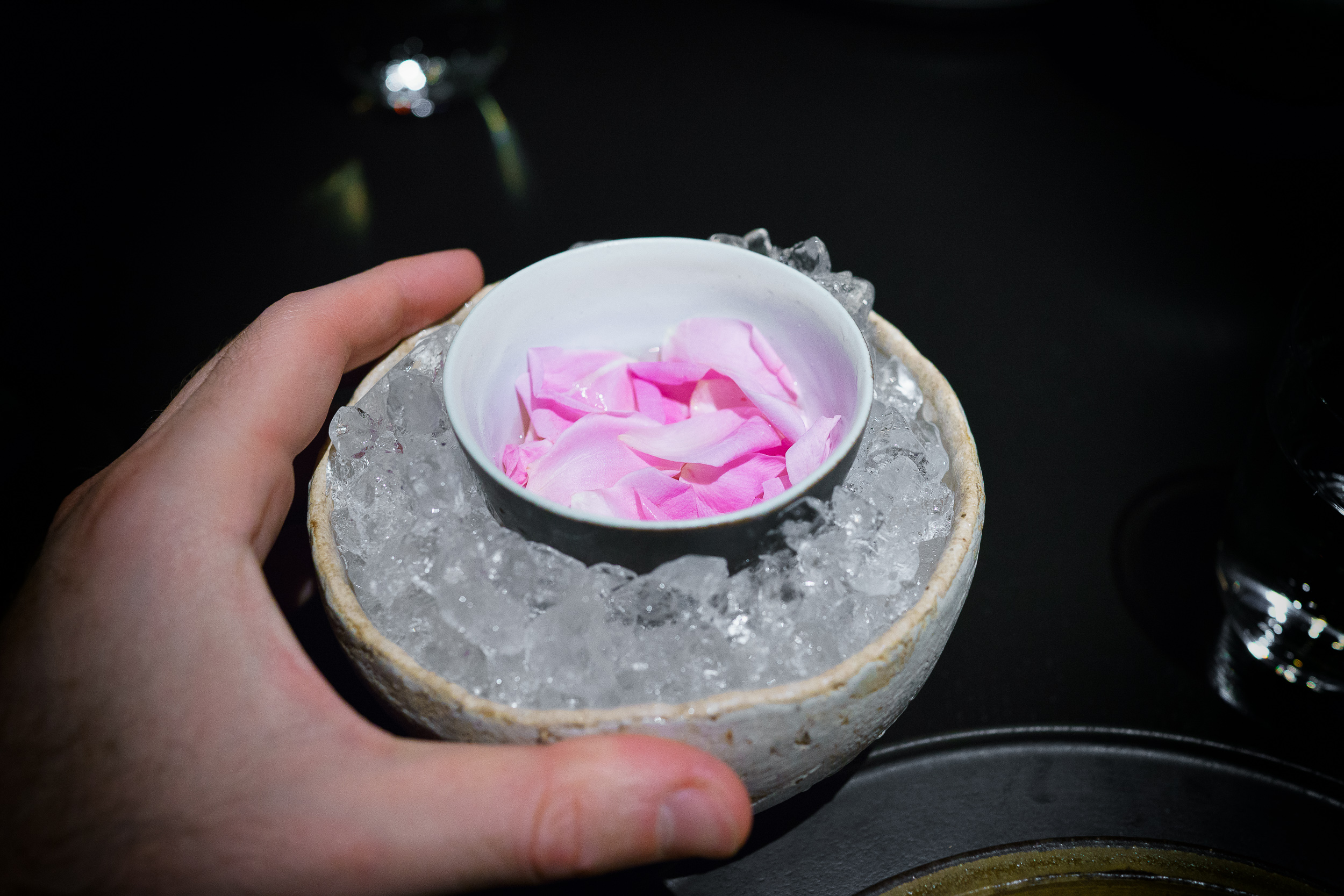 5th Course: Rose petal dipping water for koika cuttlefish "soba"