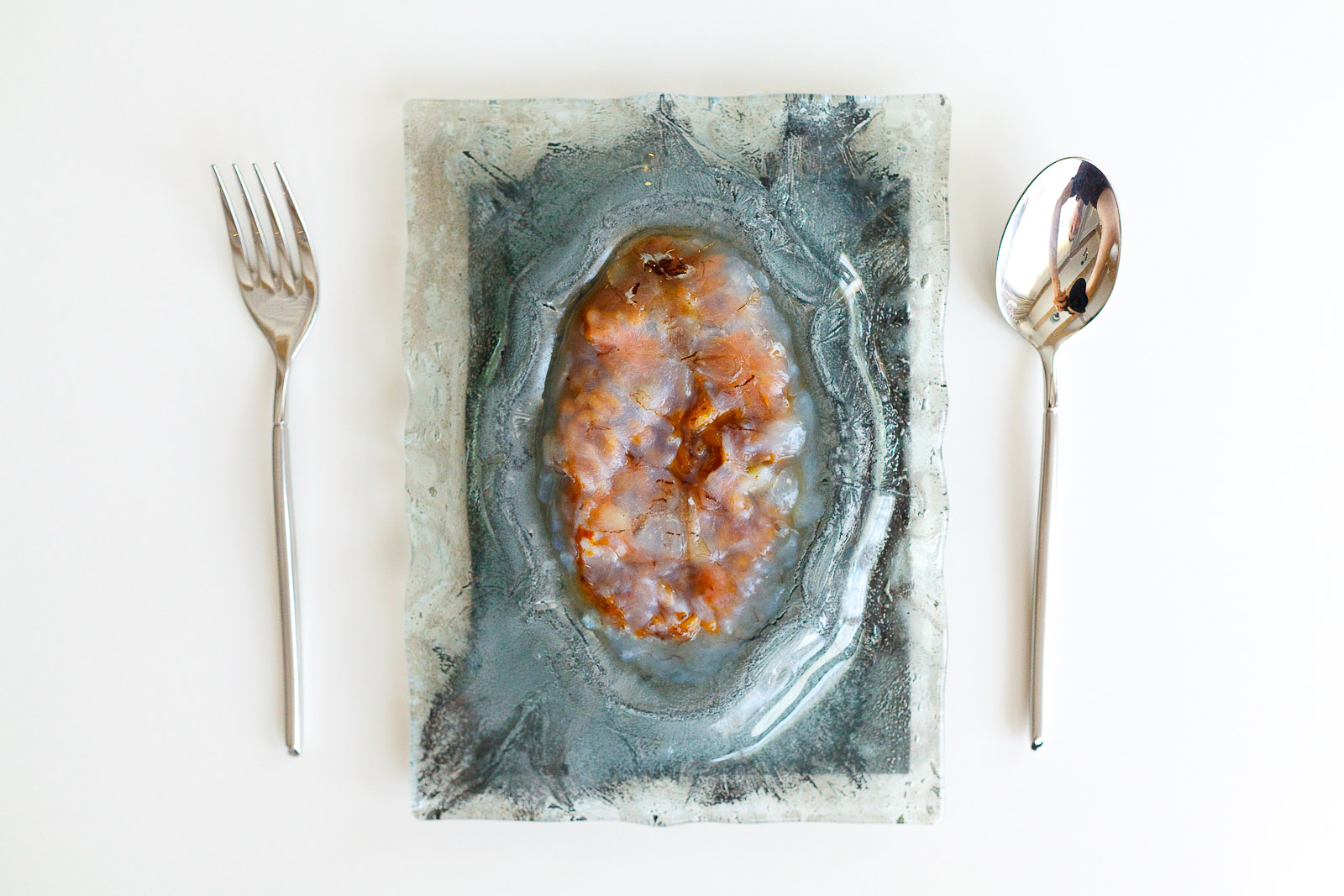 Quique Dacosta Spain 13th Course Uni rice and sage layered with raw thinly sliced local prawn