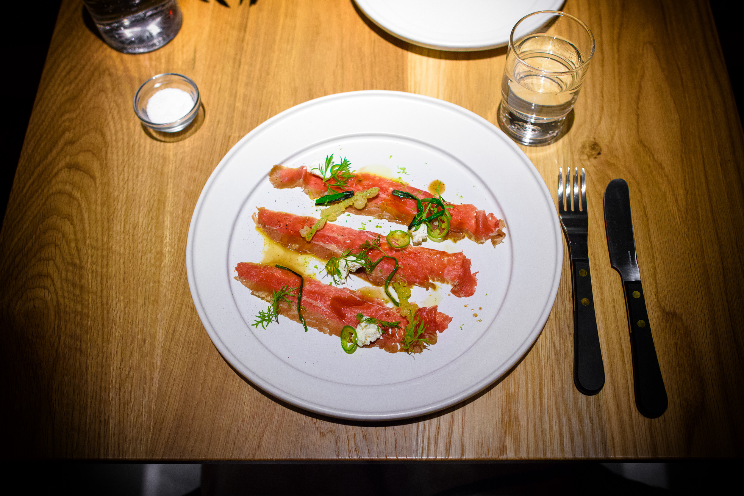 1st Course: Beef skirt, serranito, lime zest, goat's milk cheese