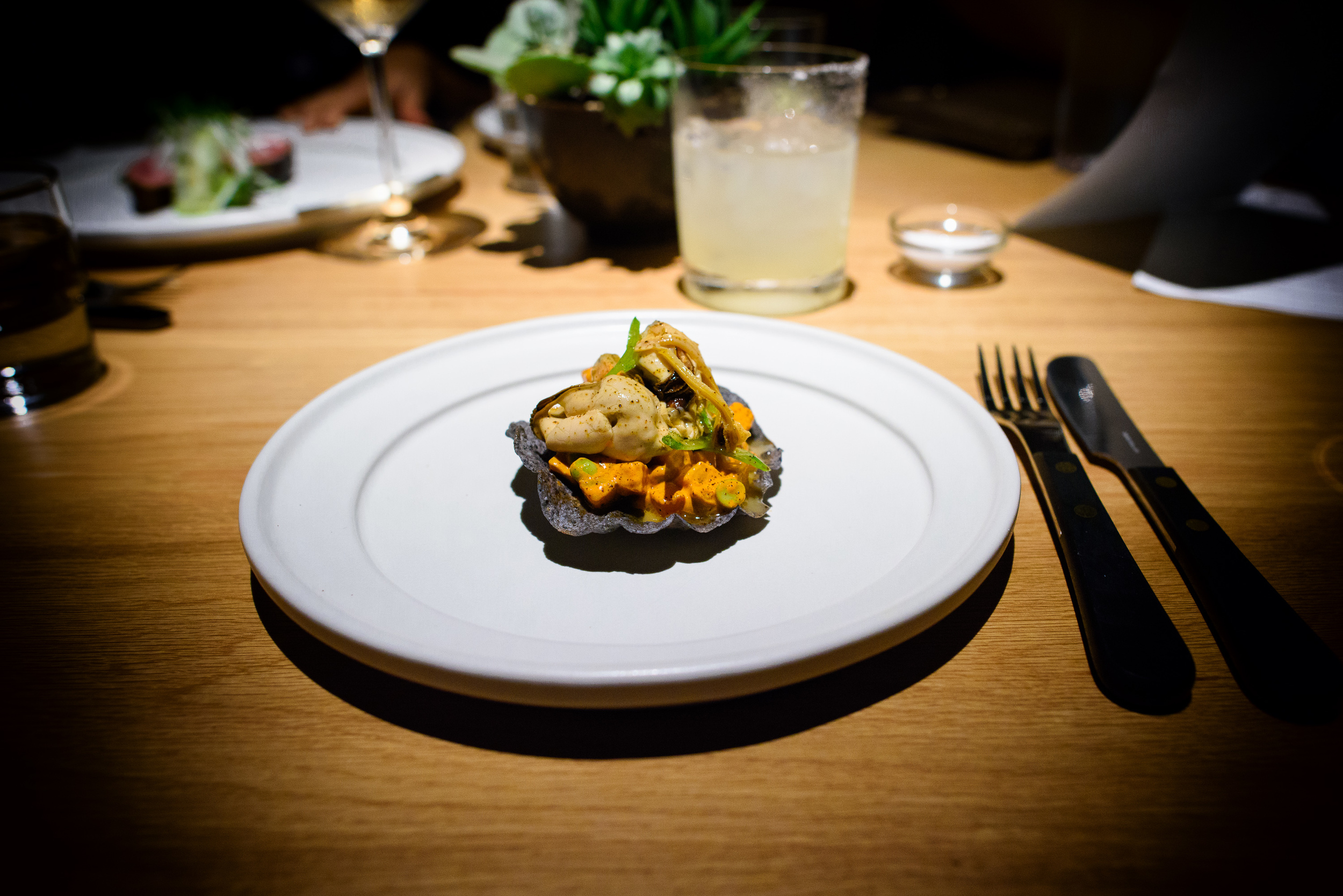 Mussel tostada, russian salad, guajillo mayonnaise