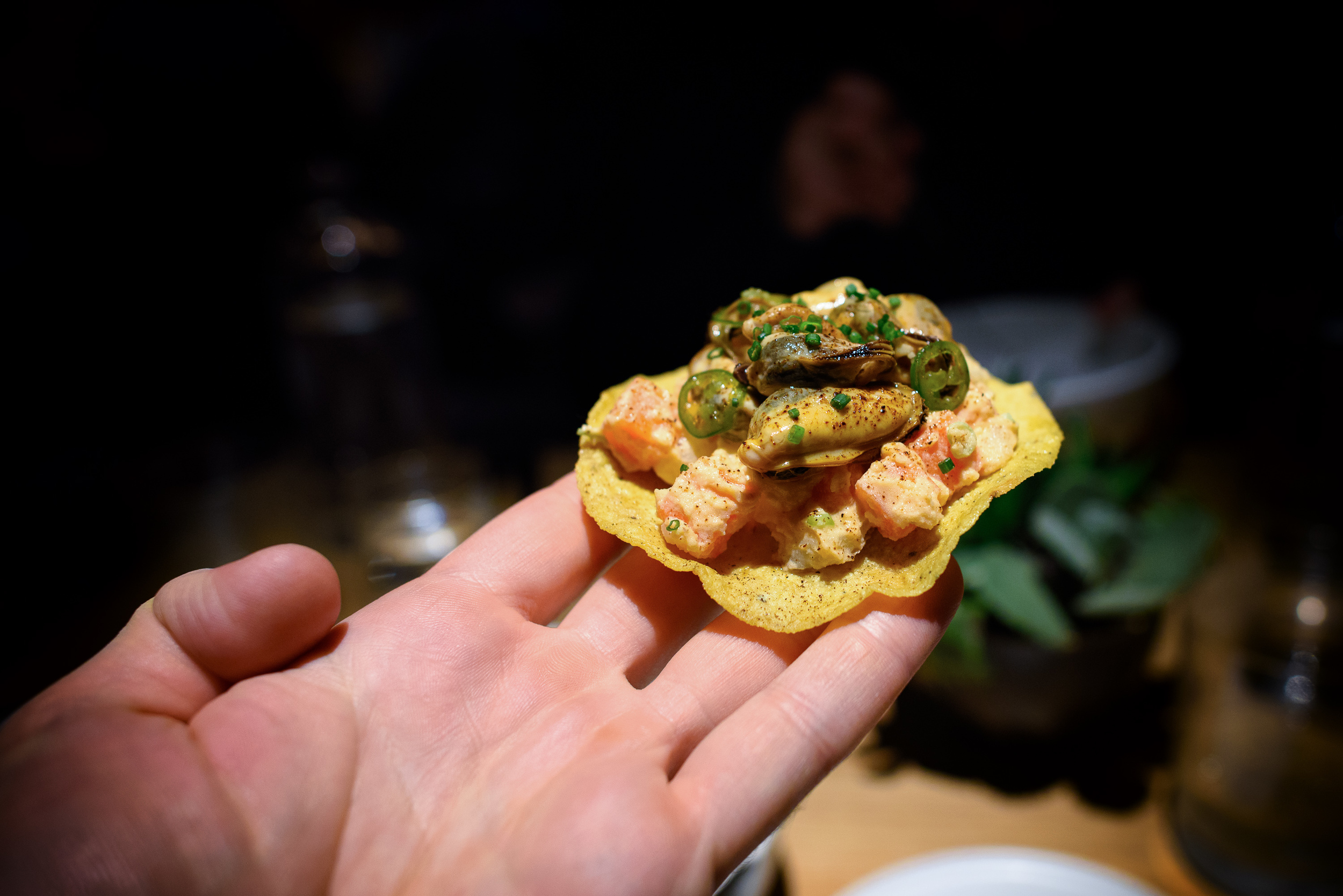 Mussel tostada, russian salad, chipotle mayonnaise