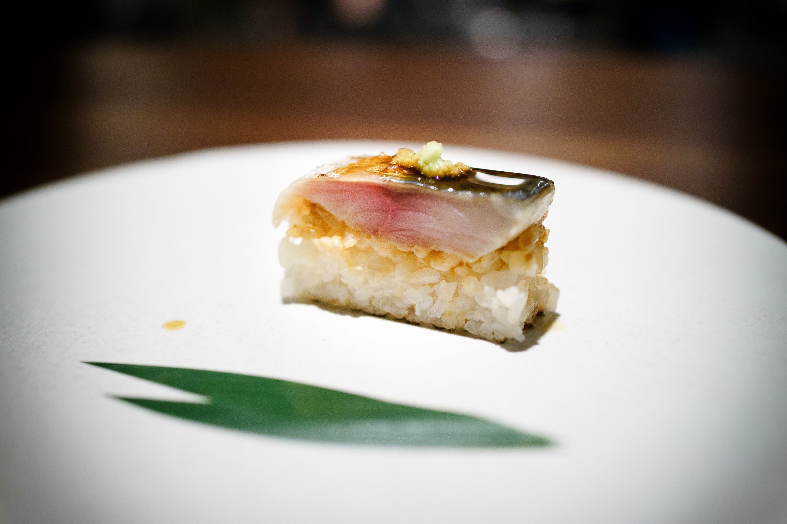 10th Course: Mackerel sabazushi, wasabi, dashi ponzu