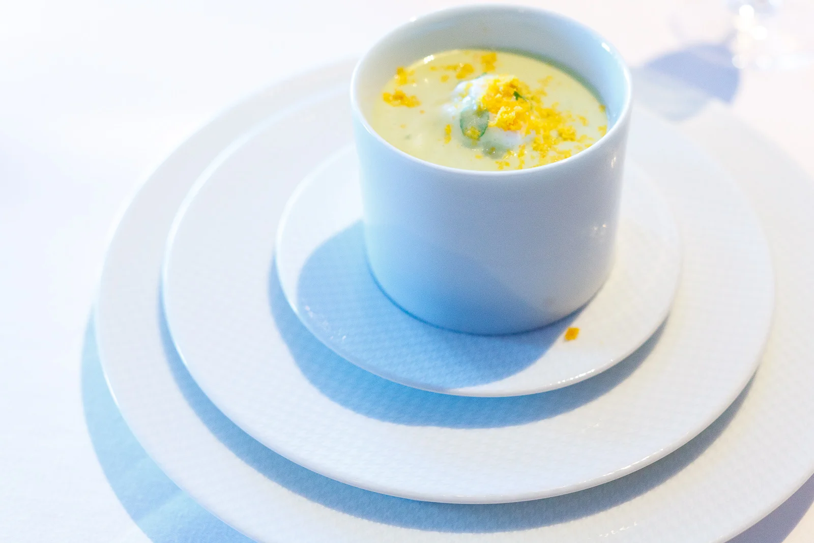 1st Course: "Ajo Verde," mint-infused whipped yogurt and grated Greek bottarga