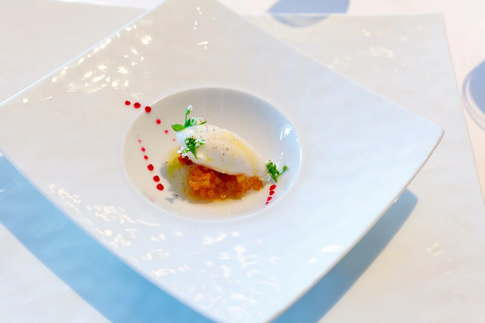 2nd Course: Horseradish sorbet, watercress blossoms and beet essence with navel orange marmalade