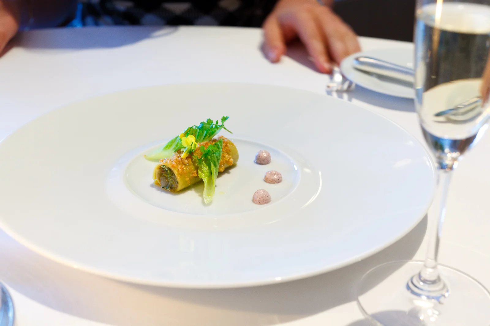 6th Course: Squire hill farms ameraucana hen egg omelette, crispy sunchokes and hearts of romaine with violet mustard creme fraiche