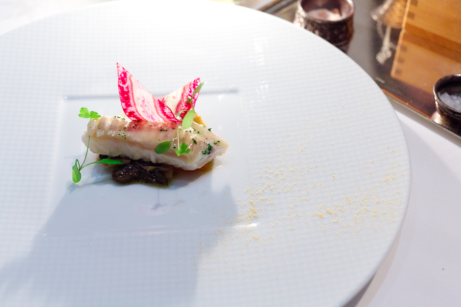 12th Course: Line caught Mediterranean turbot "roti sur le dos," sweet carrots, fava bean brunoise and parsley shoots with forest mushrooms "a la Grecque"