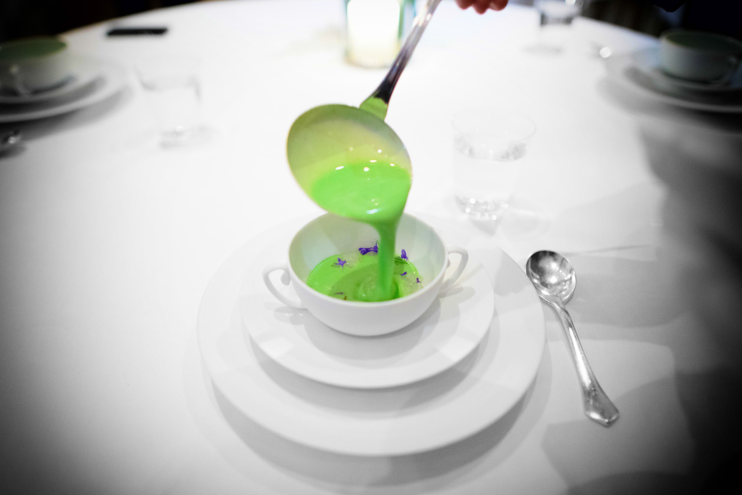 3rd Course: Chilled cucumber soup, elderflower, acacia honey, ba