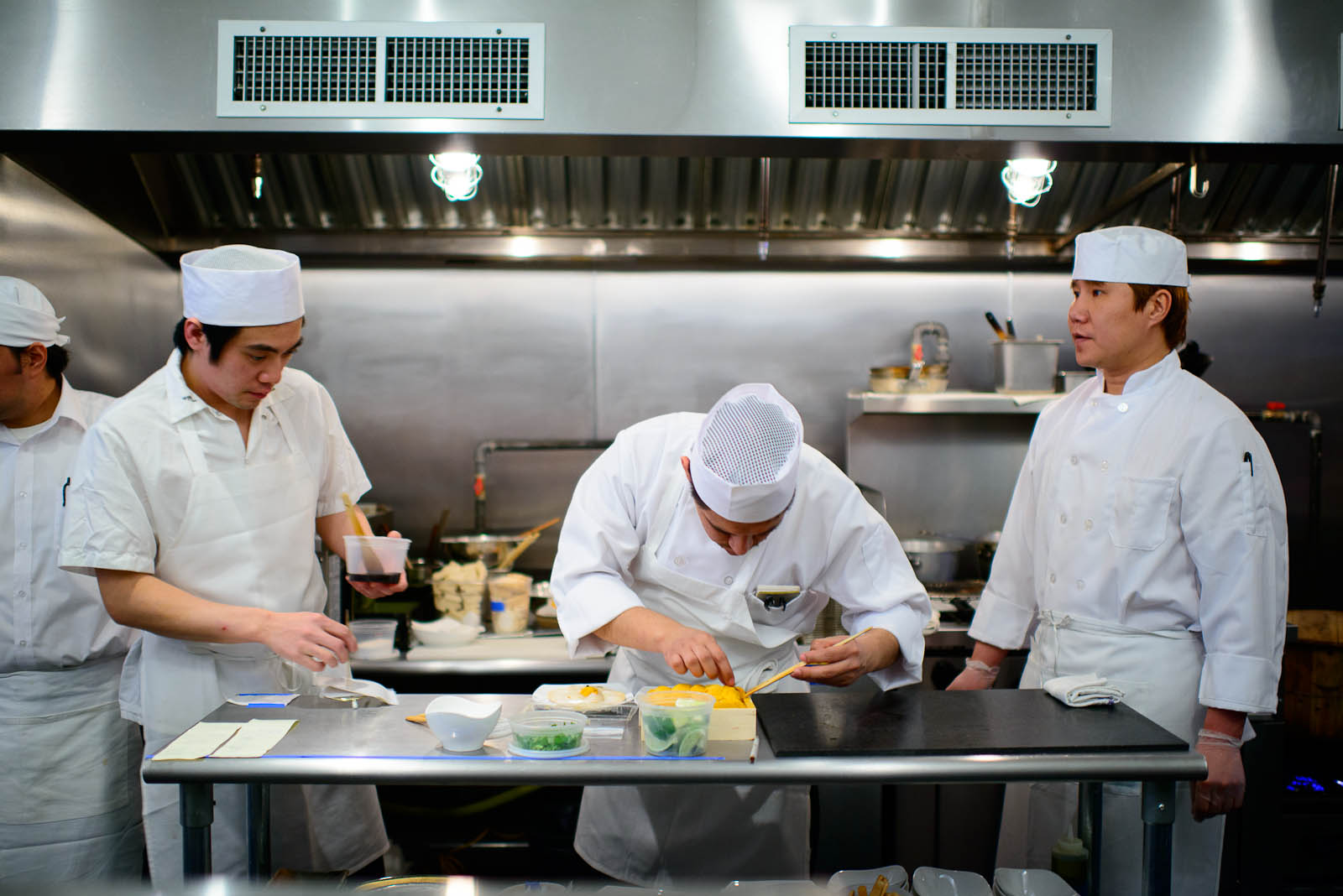 Preparing the uni and scallops