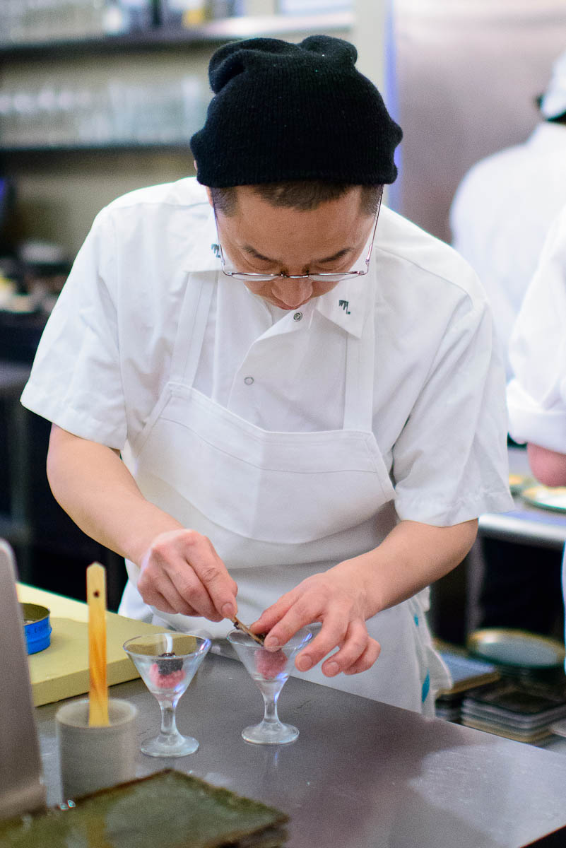 Chef Nick Kim plating toro and caviar