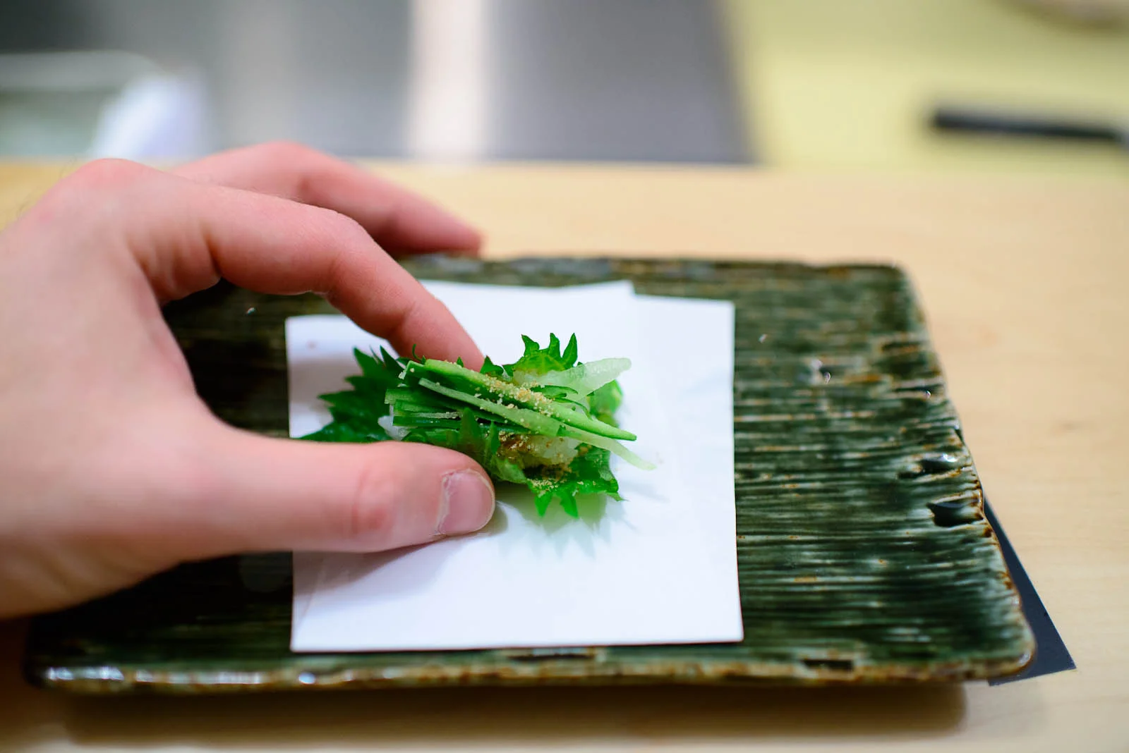 16th Course: Shiso, pickled plum, cucumber, radish, and sesame