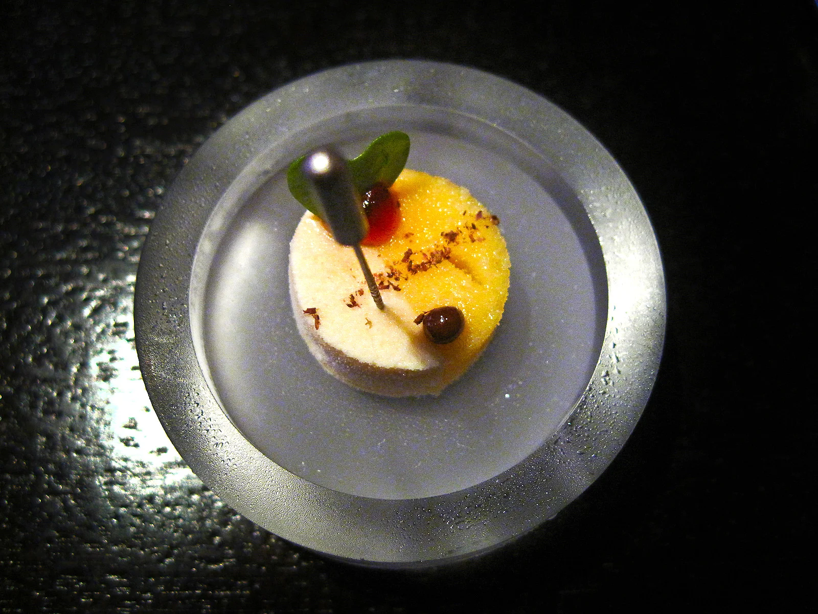 Alinea, Chicago - Frozen disc of mustard, passionfruit, and allspice.