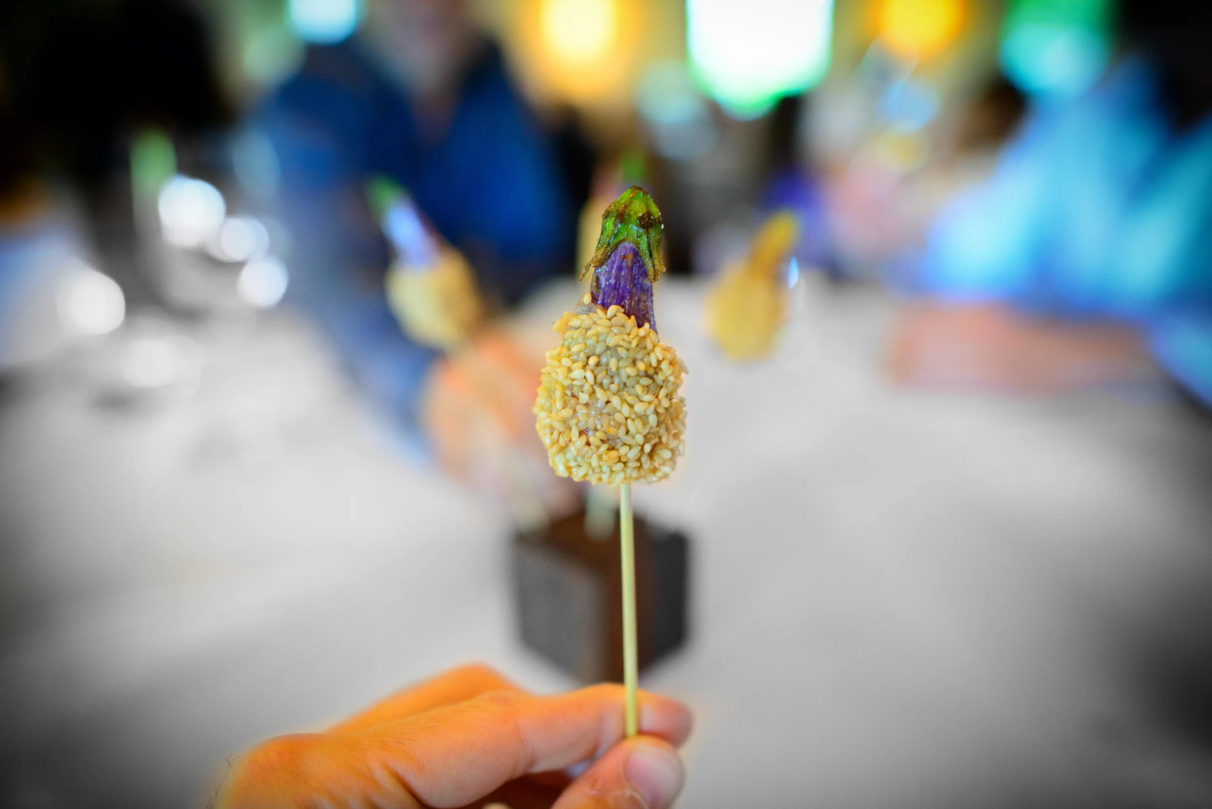 Fairytale eggplant, pancetta, sesame