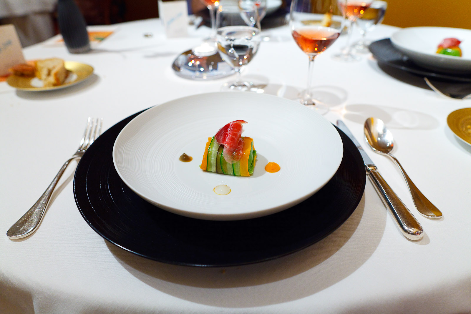 4th Course: Vegetable ravioli and joselito ham - with carrot, daikon, aubergine, courgette