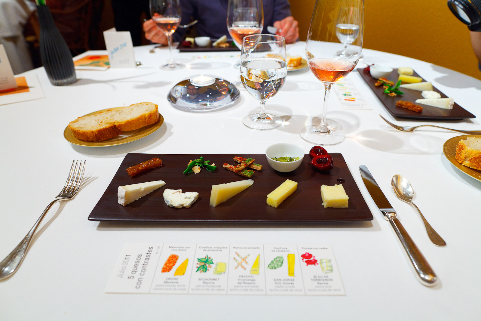 Cheese course: Ordre, peach with sweet wine - Bichonnet, cordifole, almonds, vinaigrette - Payoyo, pepper bread sticks - San Jorge, courgette preserve - bleu de termignon, bigarreau cherries with vodka