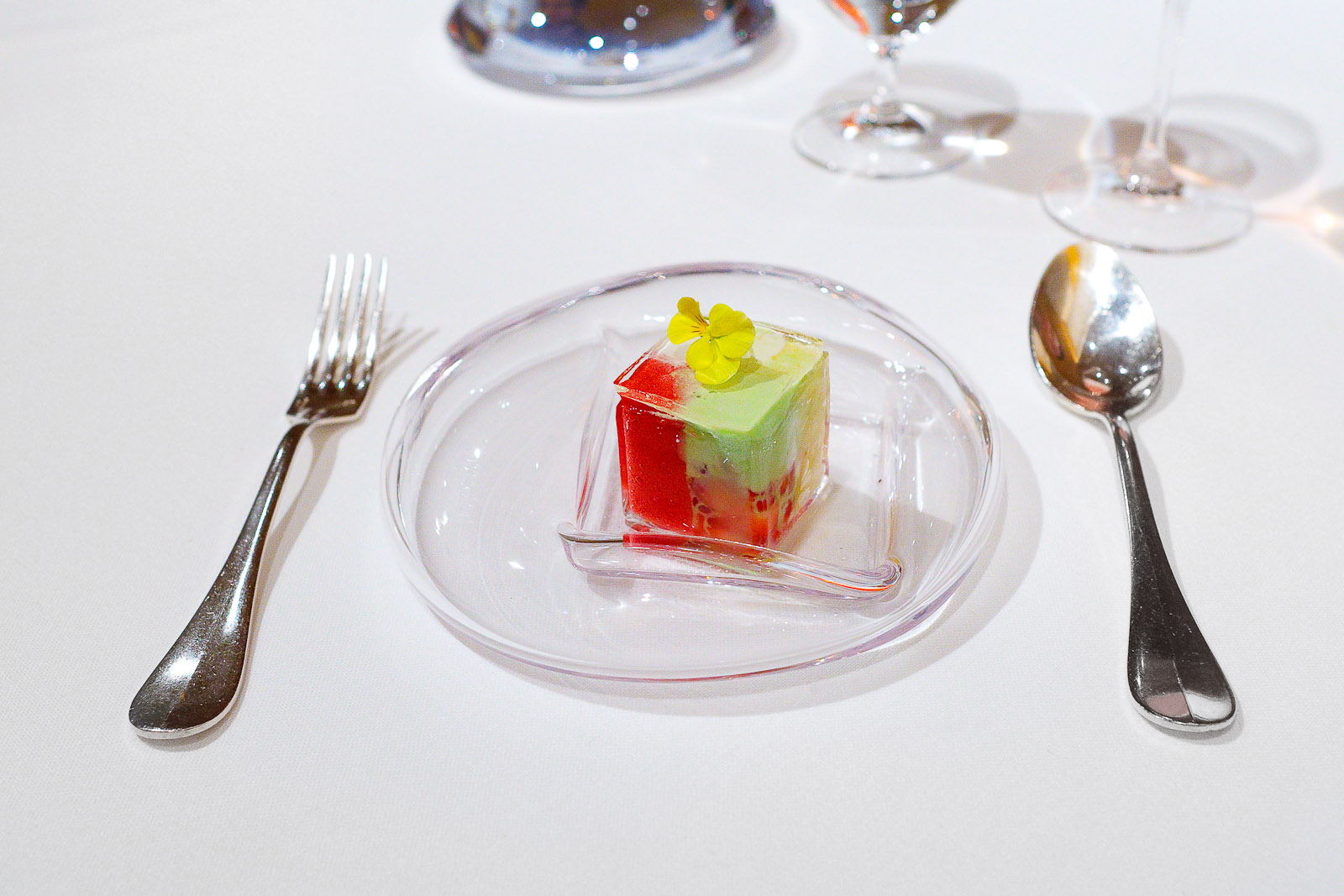 8th Course: Transparent cube, berries, shiso, raspberries