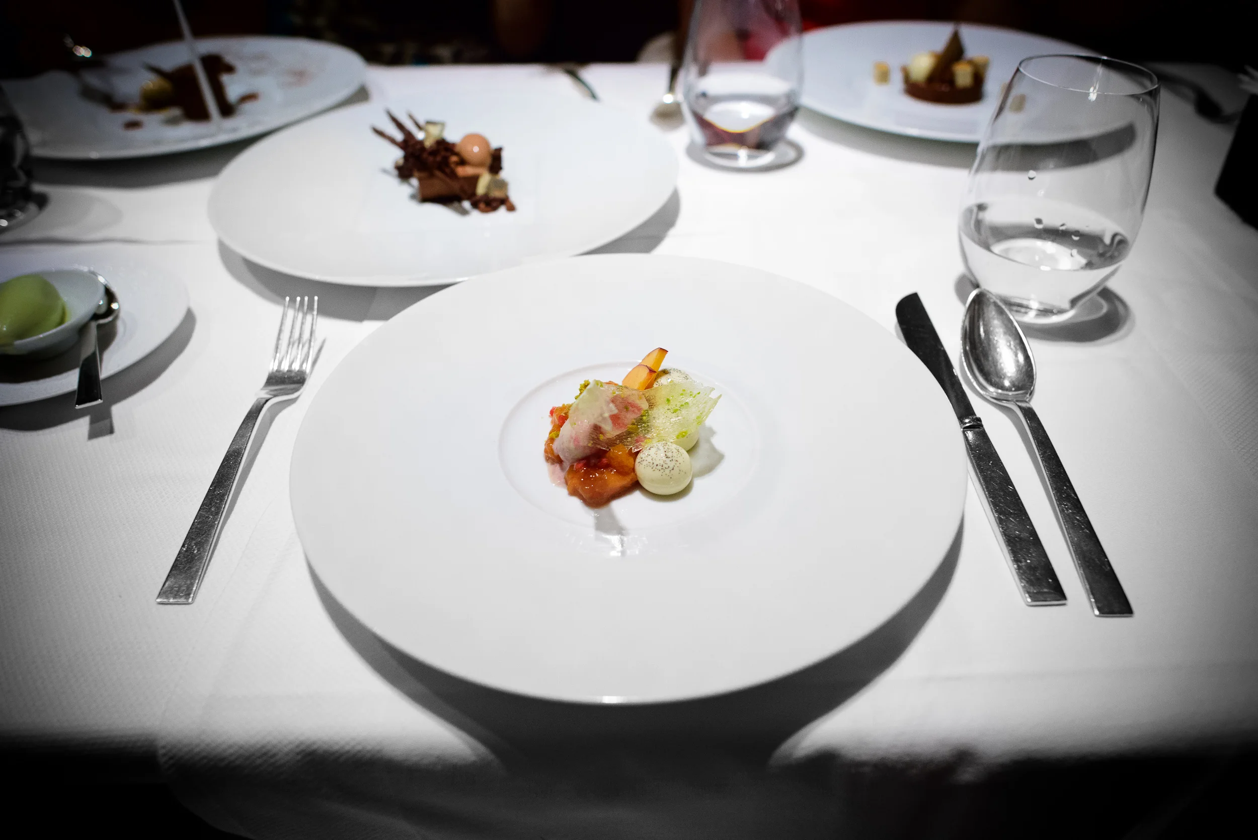 Peach; candied peach compote, pistachio gelato and raspberry "sw