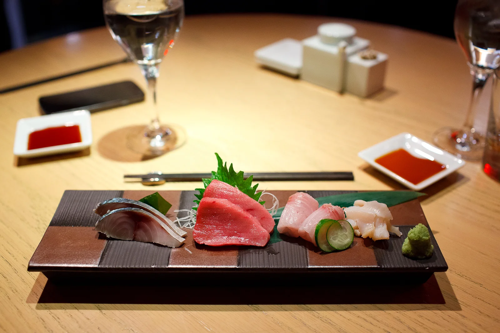 3rd Course: Marinated mackerel, medium fatty tuna, white jack, and giant clams