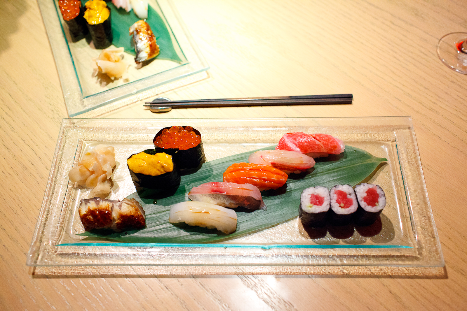7th Course: Sushi - Blue fin tuna maki, fatty tuna (toro), striped jack, salmon, jack mackerel, squid, salmon roe (ikura), sea urchin, saltwater eel (anago)